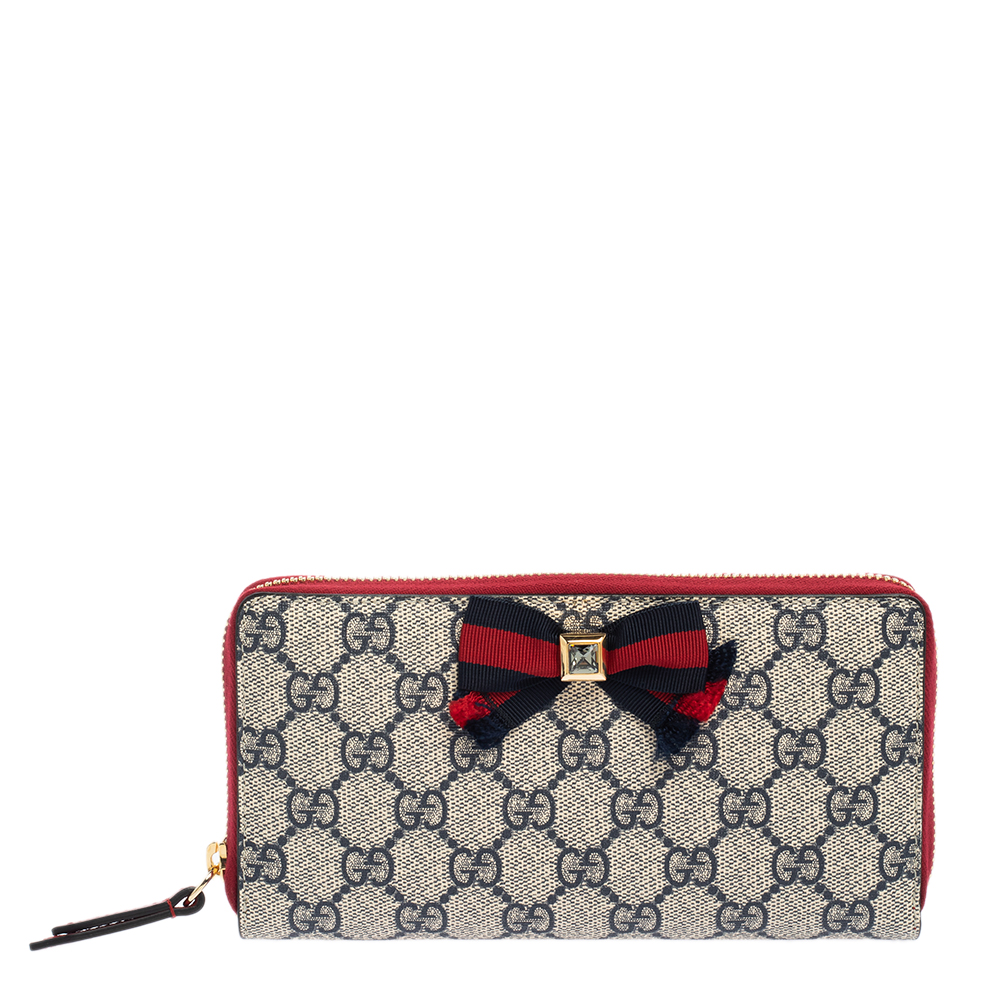 Gucci Red/Navy Blue GG Supreme Canvas Crystal Embellished Bow Zip Around Wallet