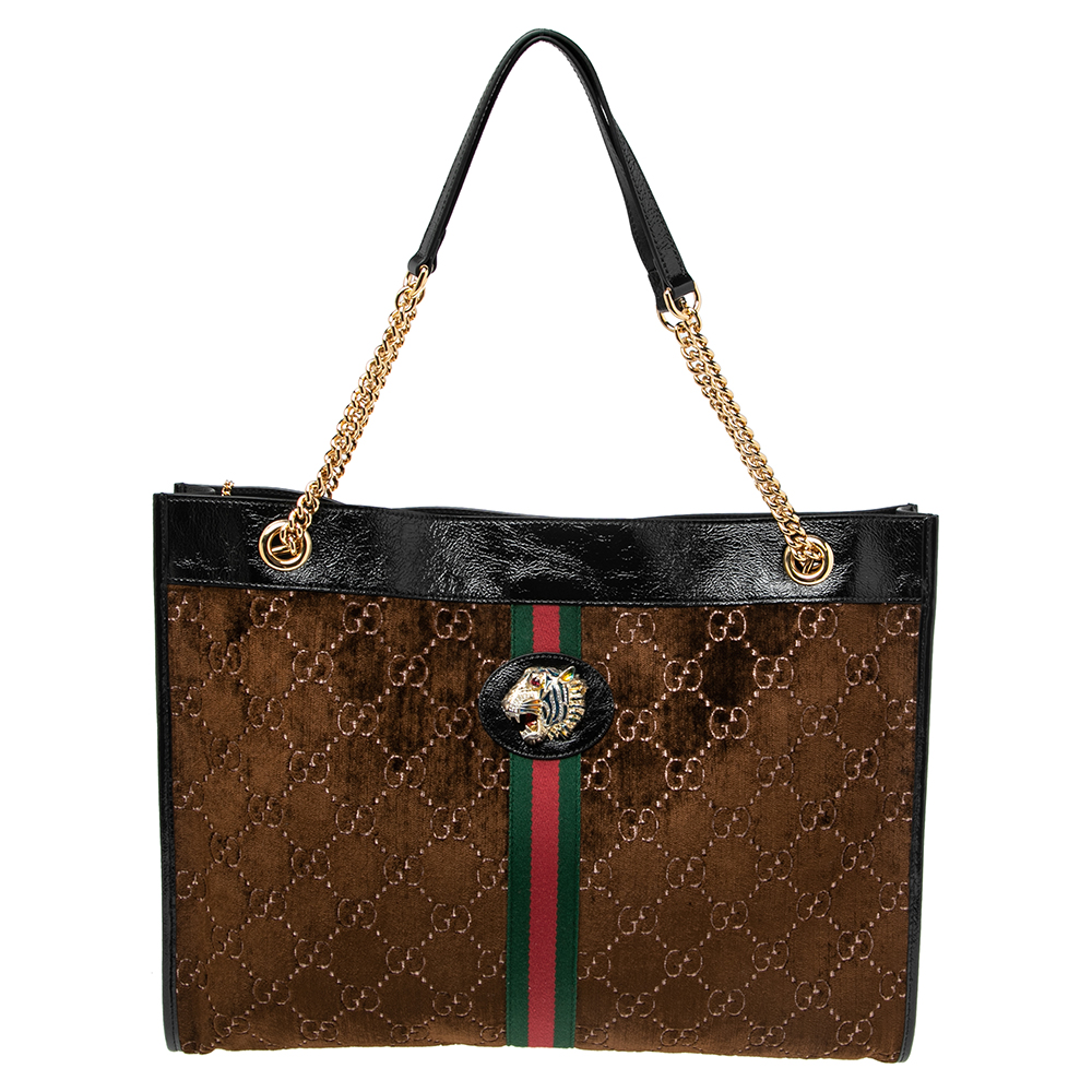 Gucci Brown GG Velvet Large Rajah Chain Tote