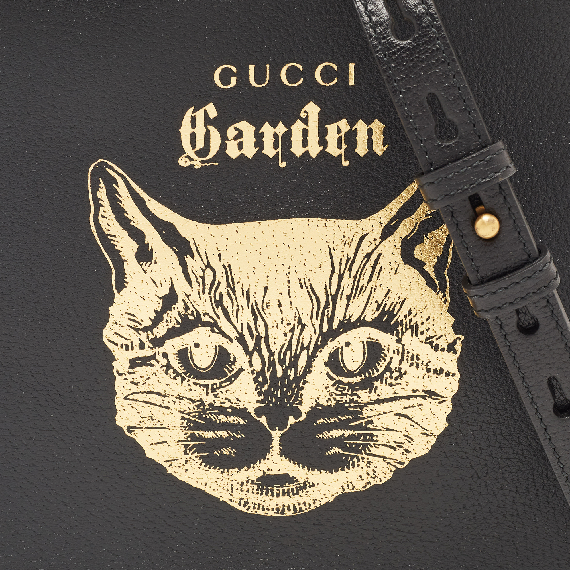 Gucci Garden Black Leather Cat Print Tote