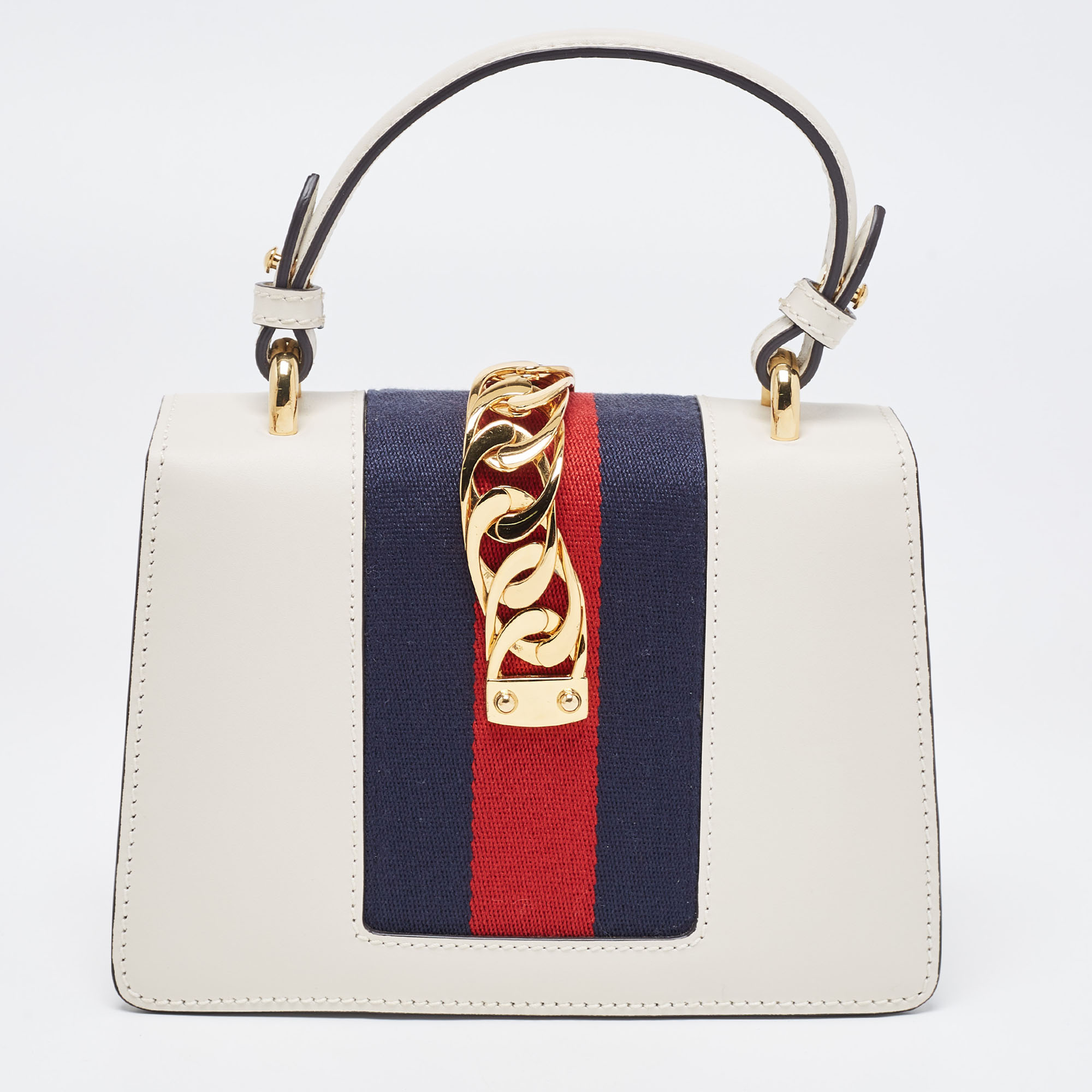 Gucci Off White Leather Mini Web Sylvie Top Handle Bag