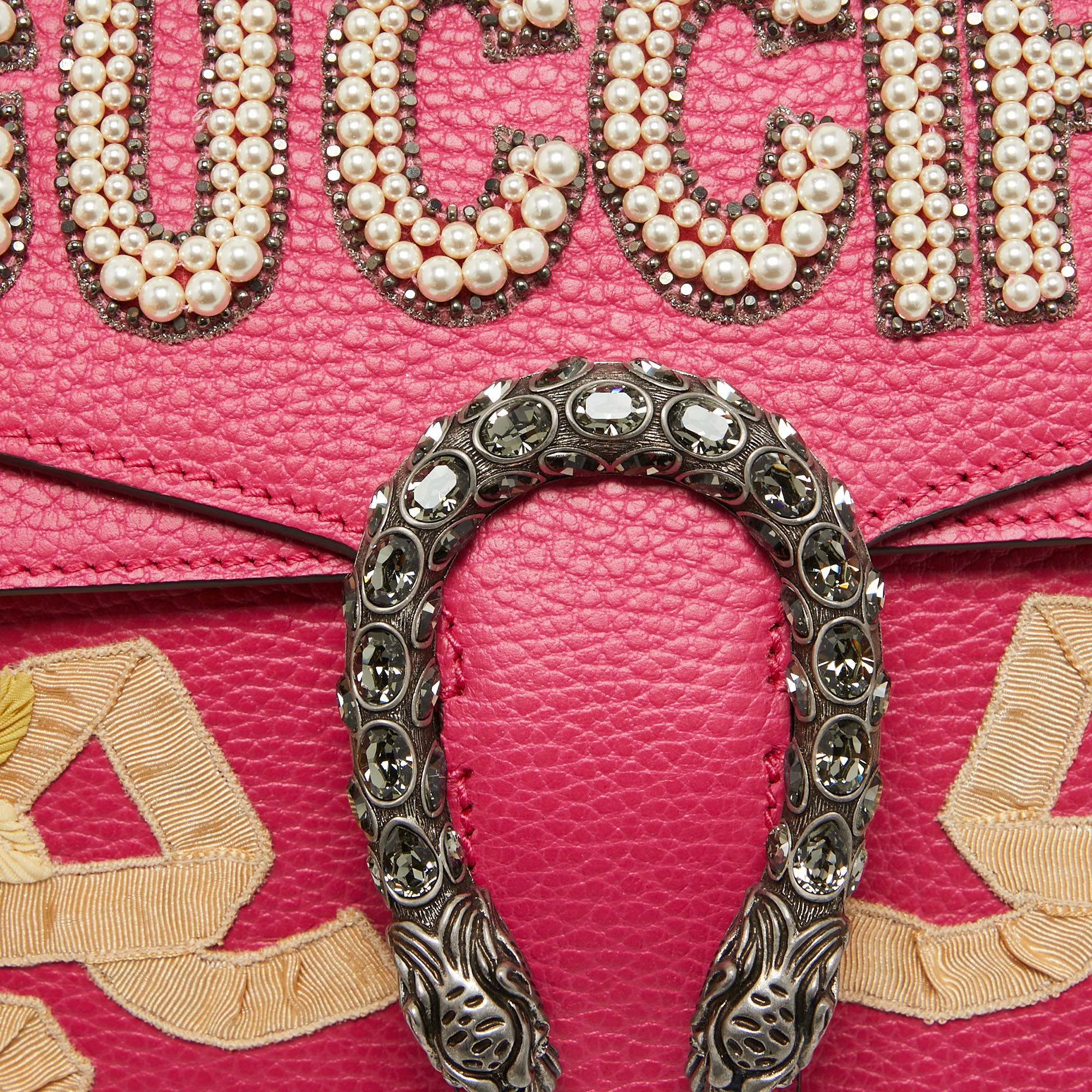 Gucci Magenta Leather Small Guccify Pearl Embellished Dionysus Shoulder Bag