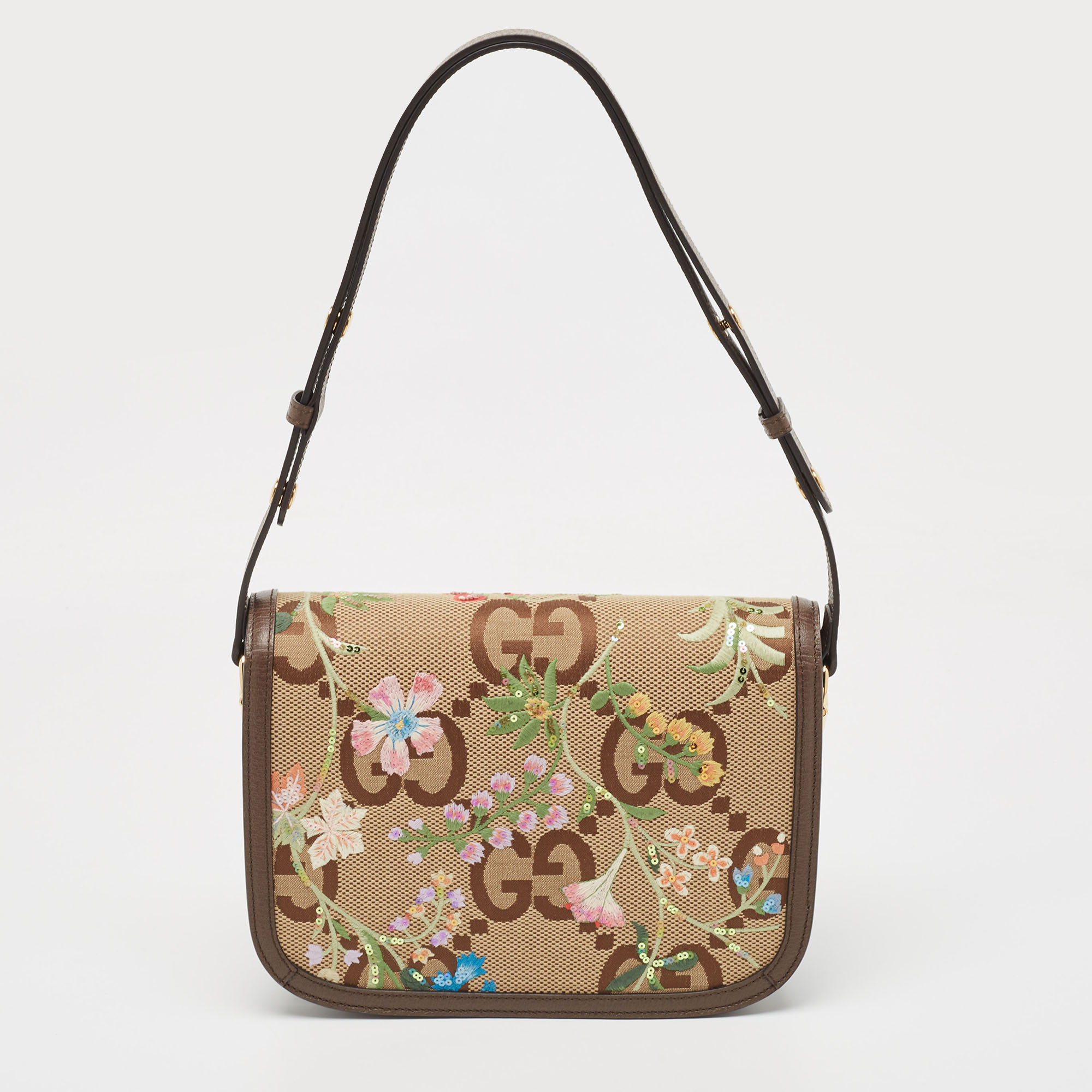 Gucci Beige/Brown Jumbo GG Flower Canvas And Leather Horsebit 1955 Shoulder Bag
