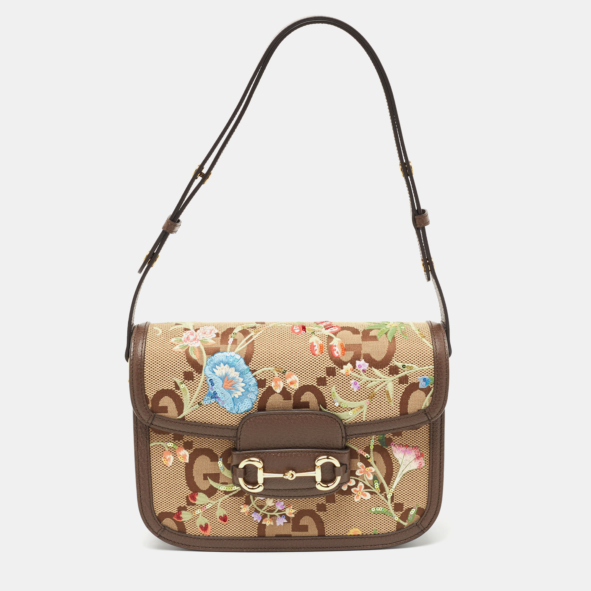 Gucci Beige/Brown Jumbo GG Flower Canvas And Leather Horsebit 1955 Shoulder Bag