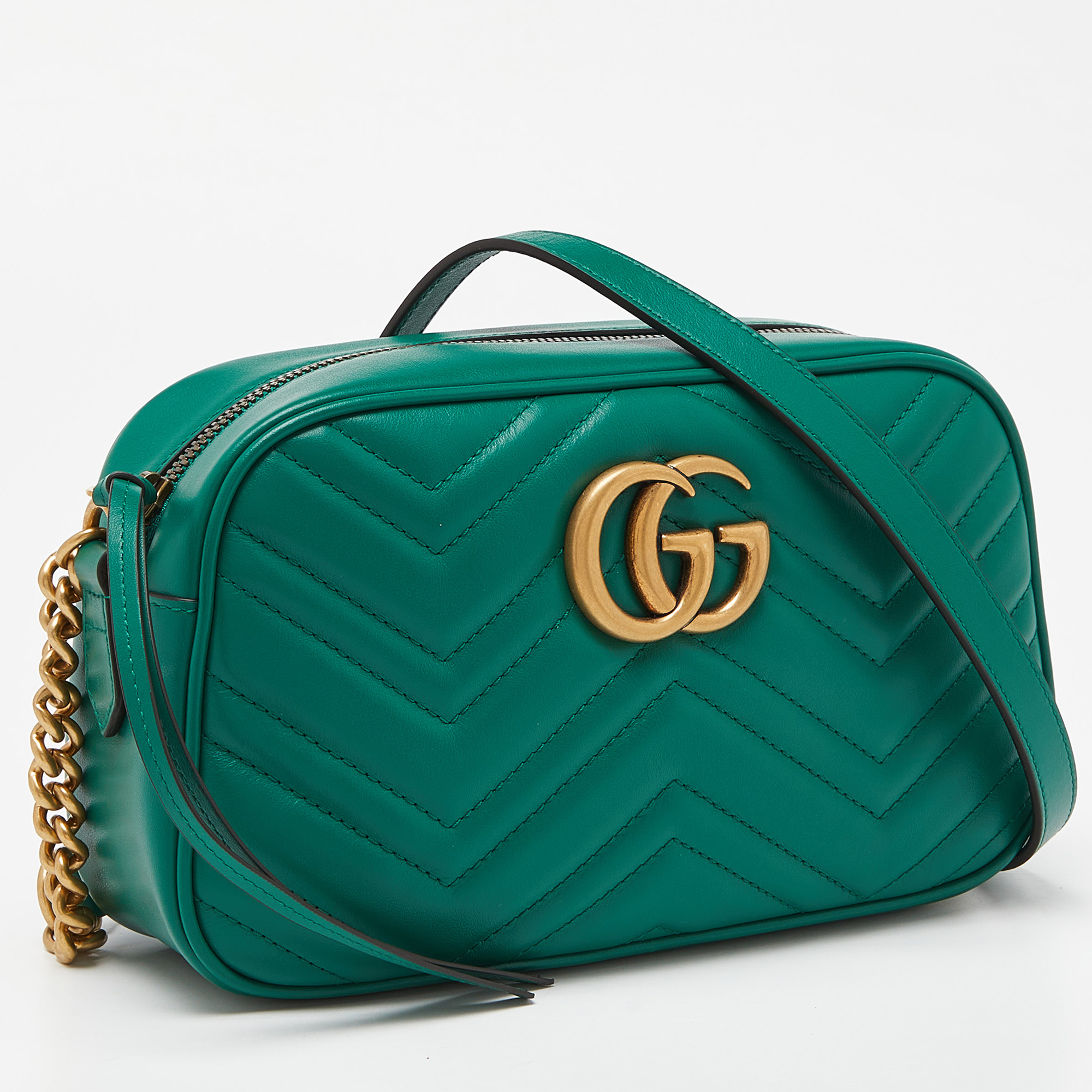 Gucci Green Matelassé Leather Small GG Marmont Camera Crossbody Bag