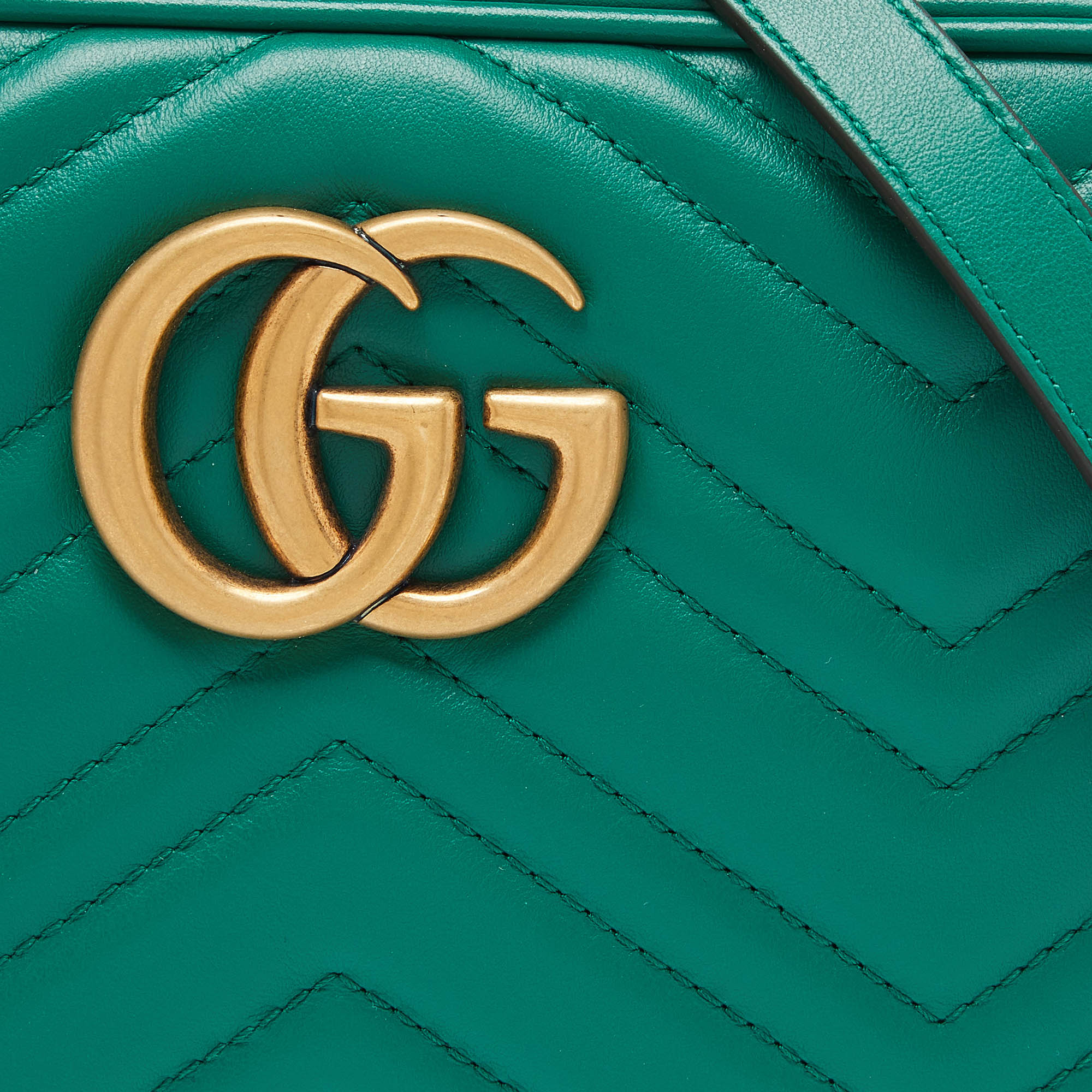 Gucci Green Matelassé Leather Small GG Marmont Camera Crossbody Bag