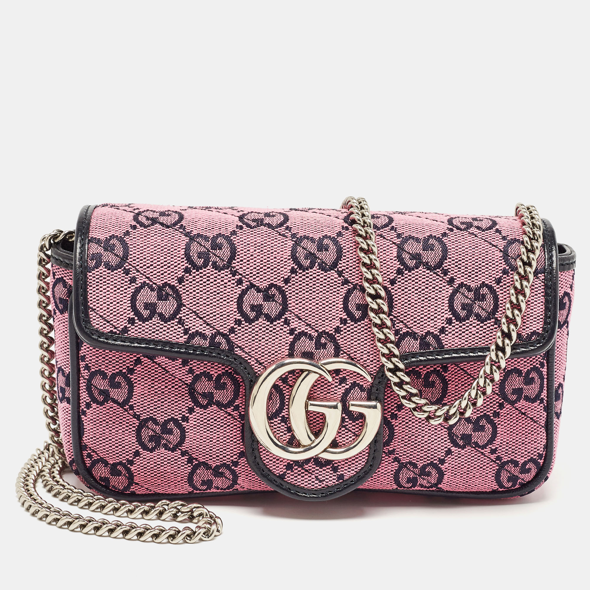 Gucci pink/navy blue matelasse diagonal gg canvas gg marmont super mini shoulder bag