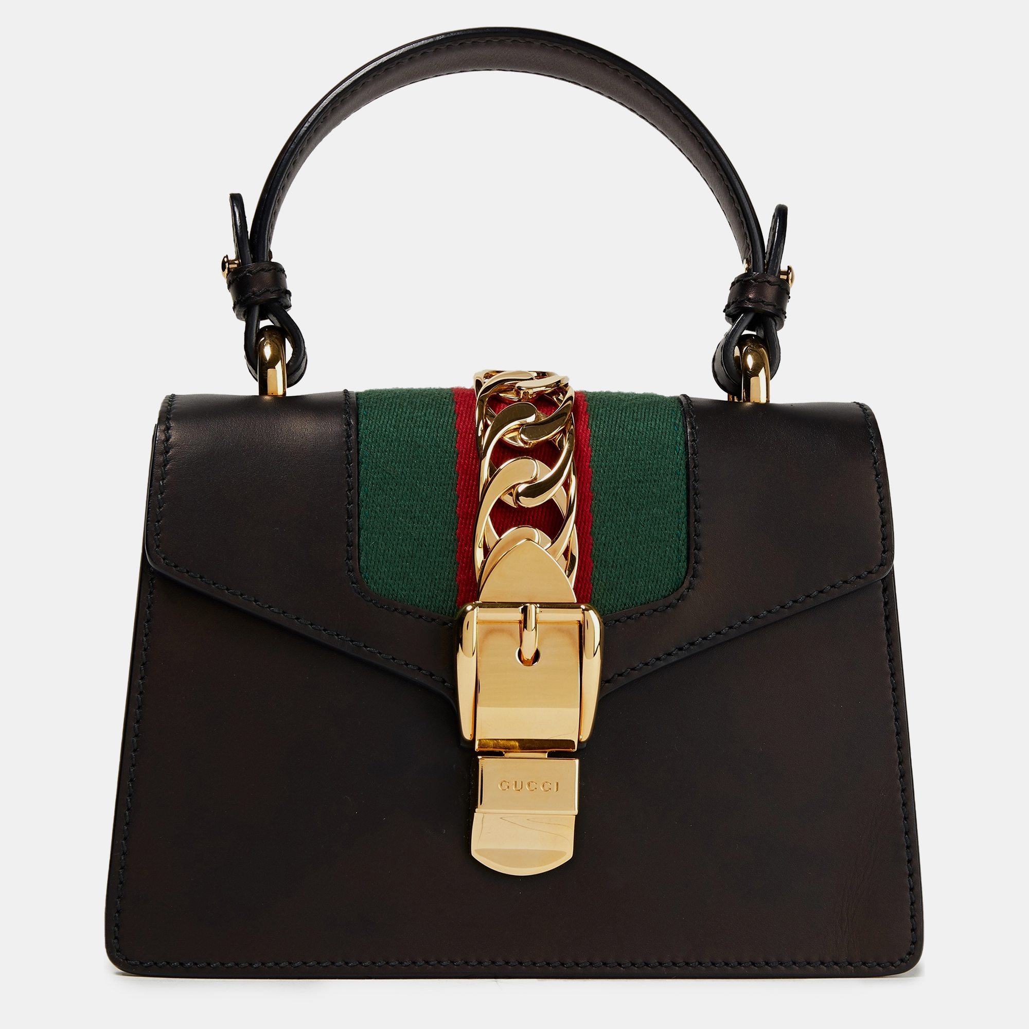 Gucci black leather mini web chain sylvie top handle bag