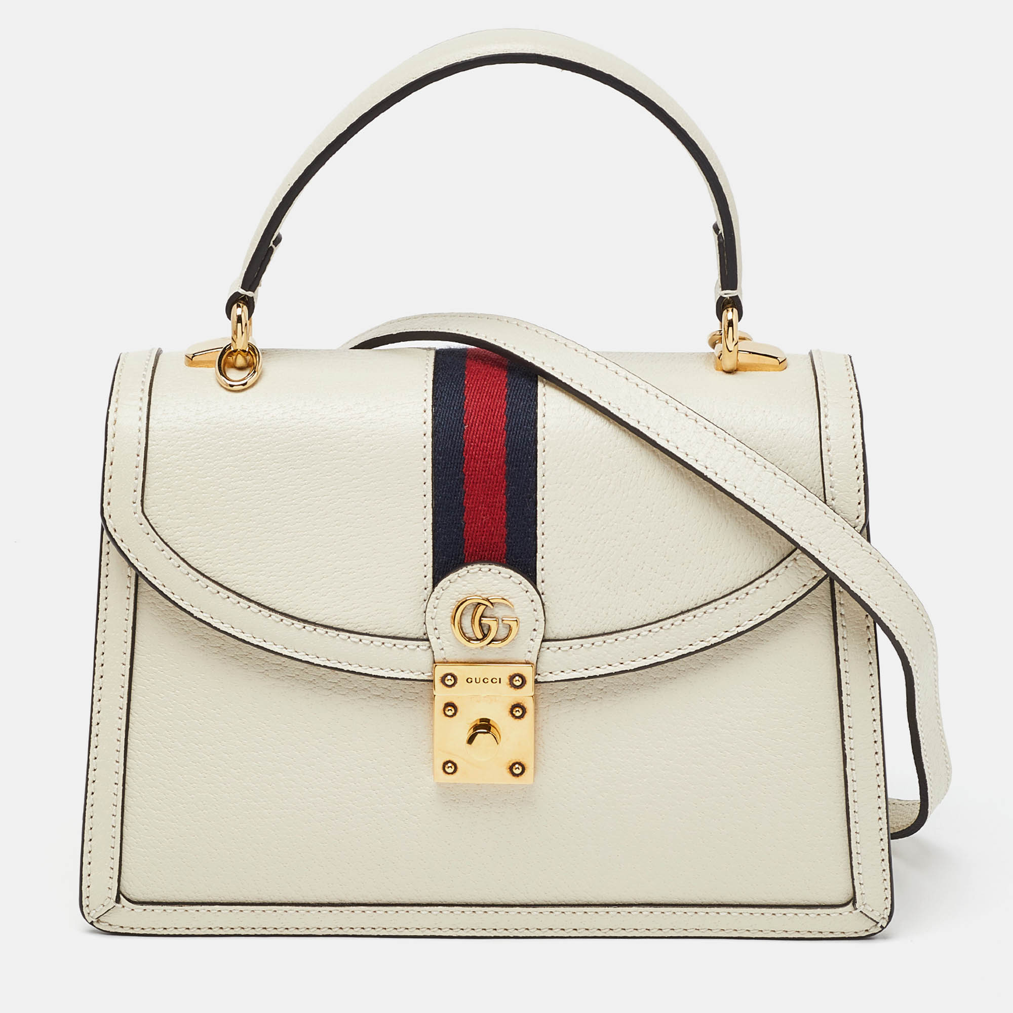 Gucci cream leather small ophidia gg web top handle bag