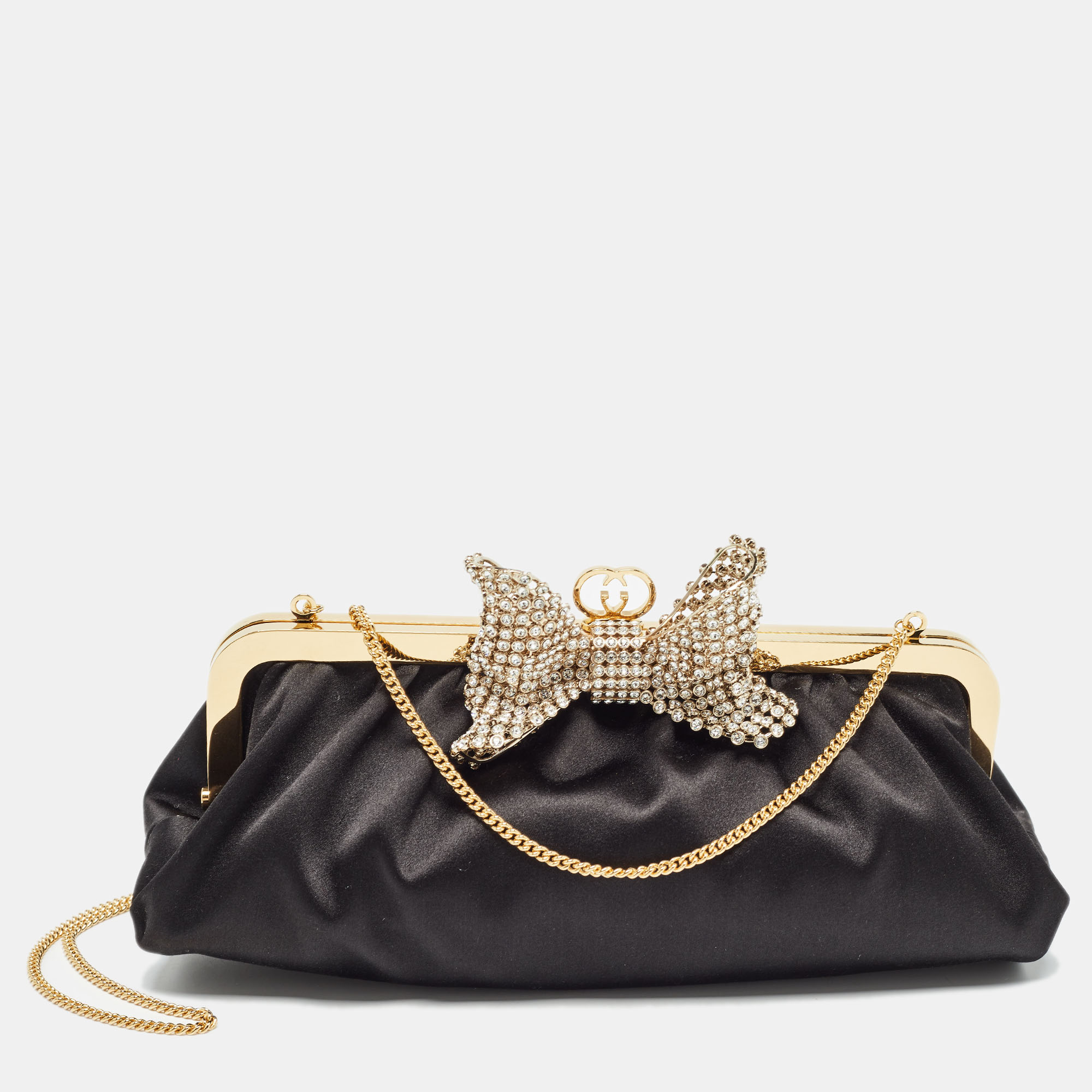 Gucci black satin crystal embellished bow broadway clutch