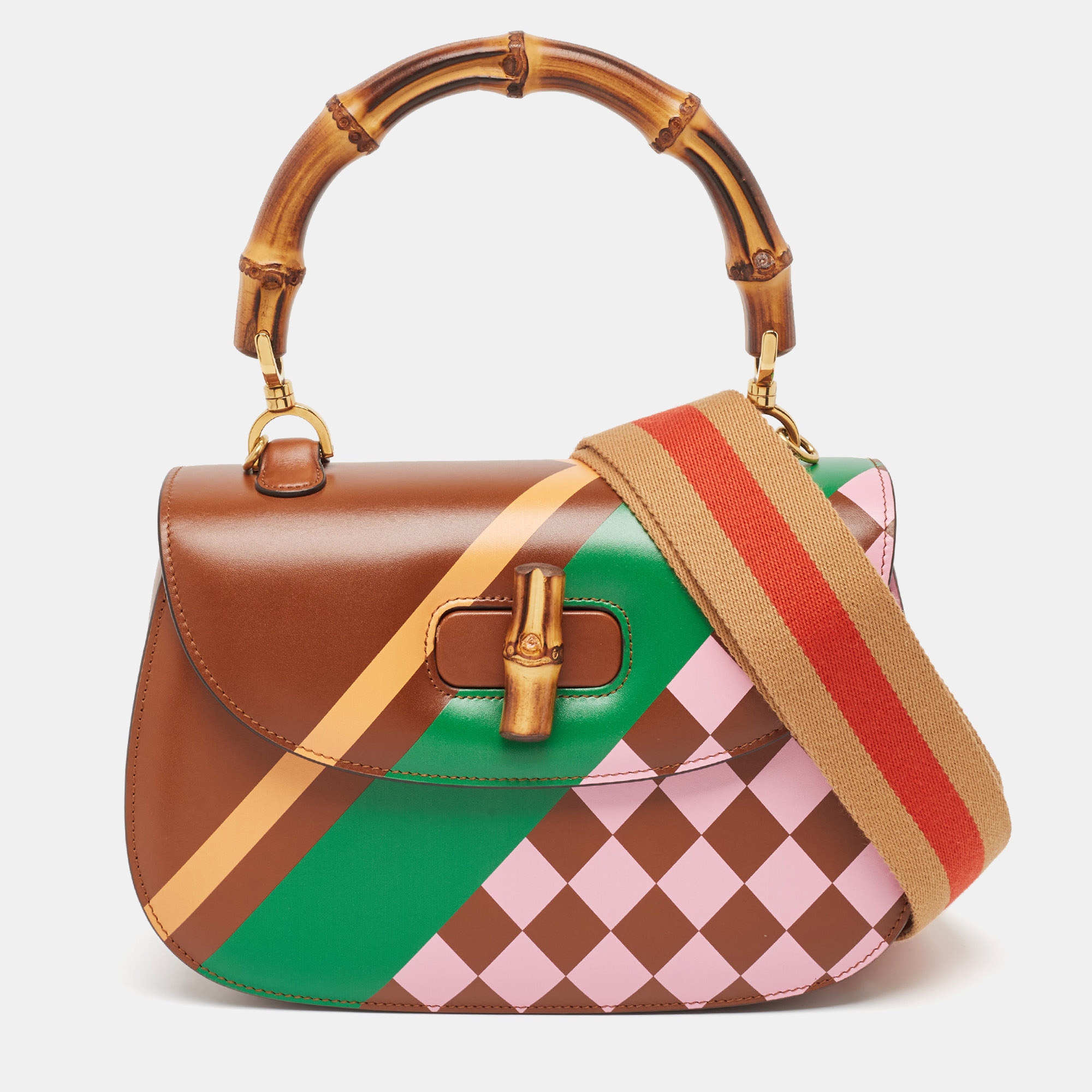 Gucci brown geometric print leather medium bamboo 1947 top handle bag