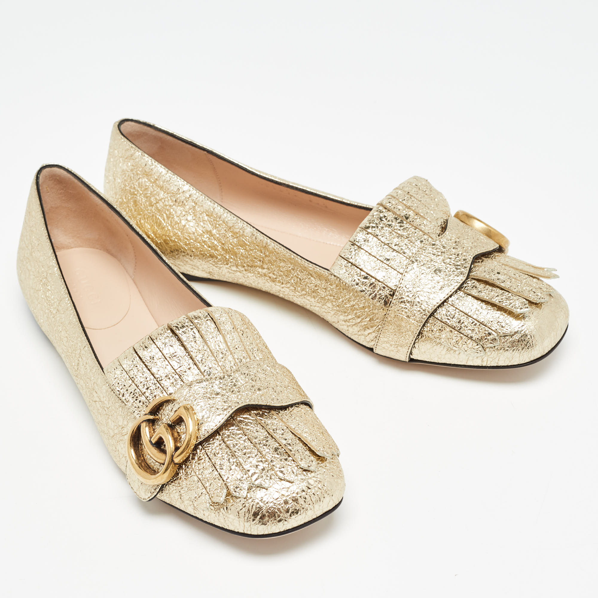 Gucci Gold Crinkled Foil Leather GG Marmont Fringe Detail Ballet Flats Size 37.5