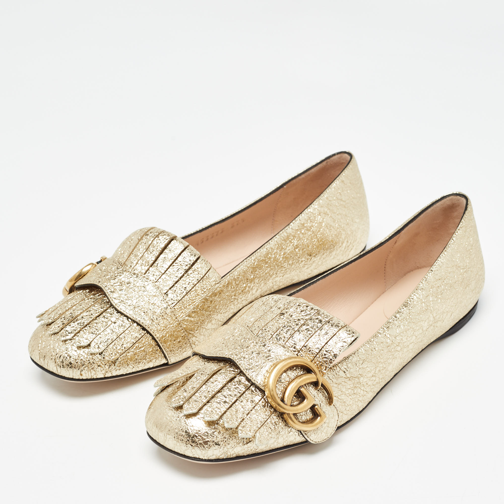 Gucci Gold Crinkled Foil Leather GG Marmont Fringe Detail Ballet Flats Size 37.5