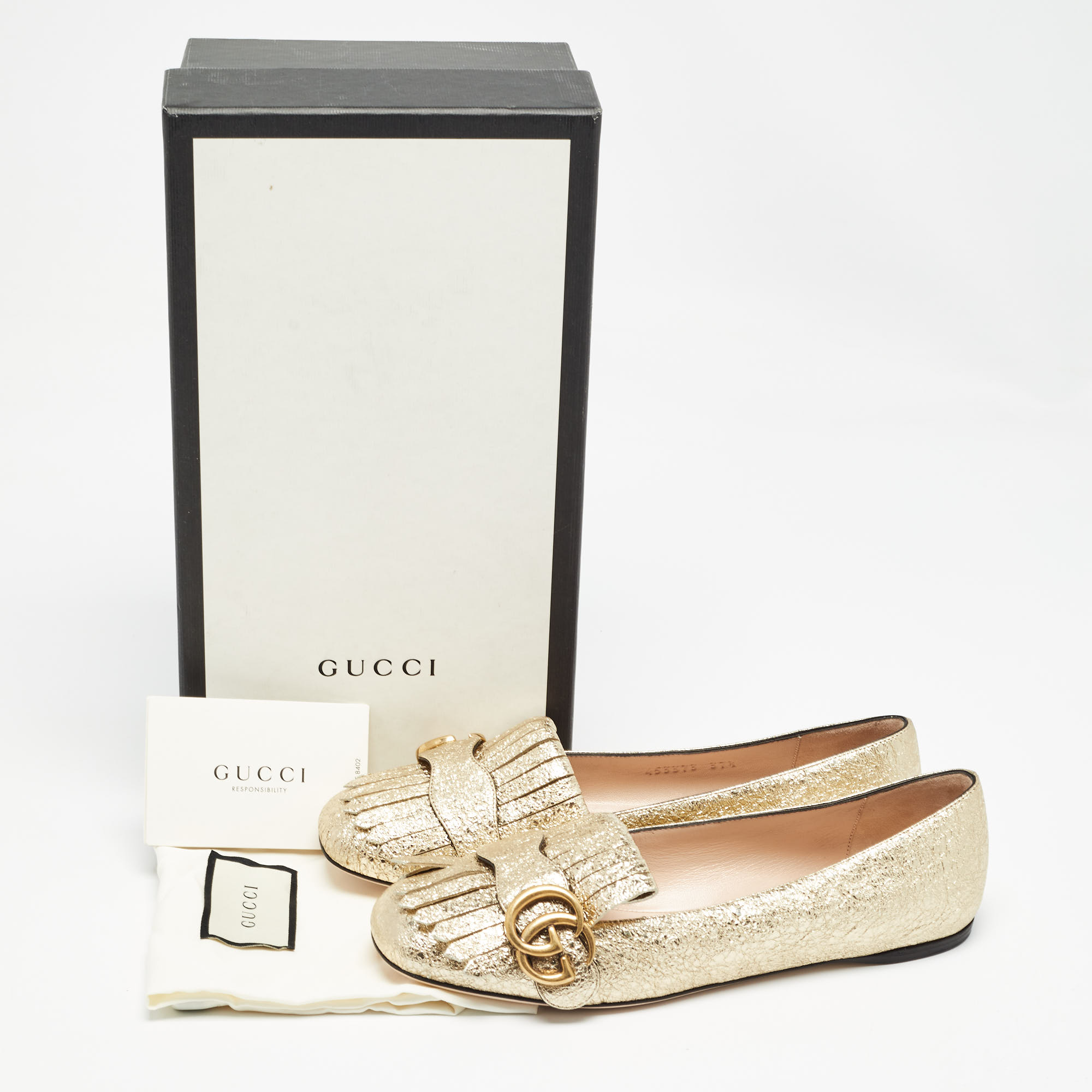 Gucci Gold Crinkled Foil Leather GG Marmont Fringe Detail Ballet Flats Size 37.5