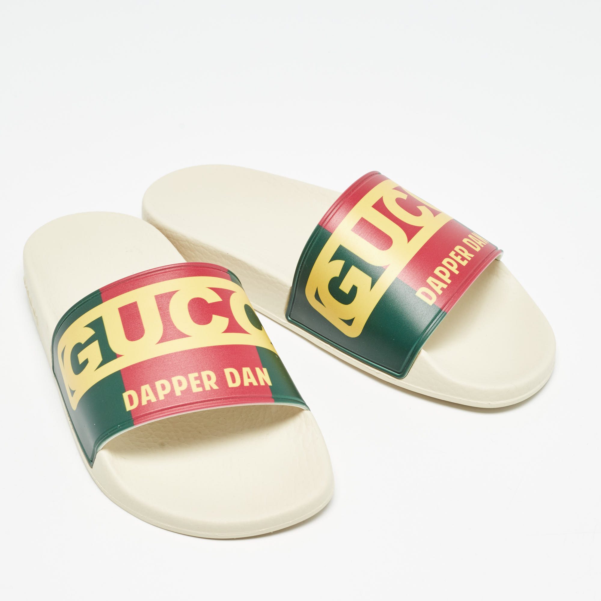 Gucci Multicolor Web Logo Print Rubber Dapper Dan Slides Size 37