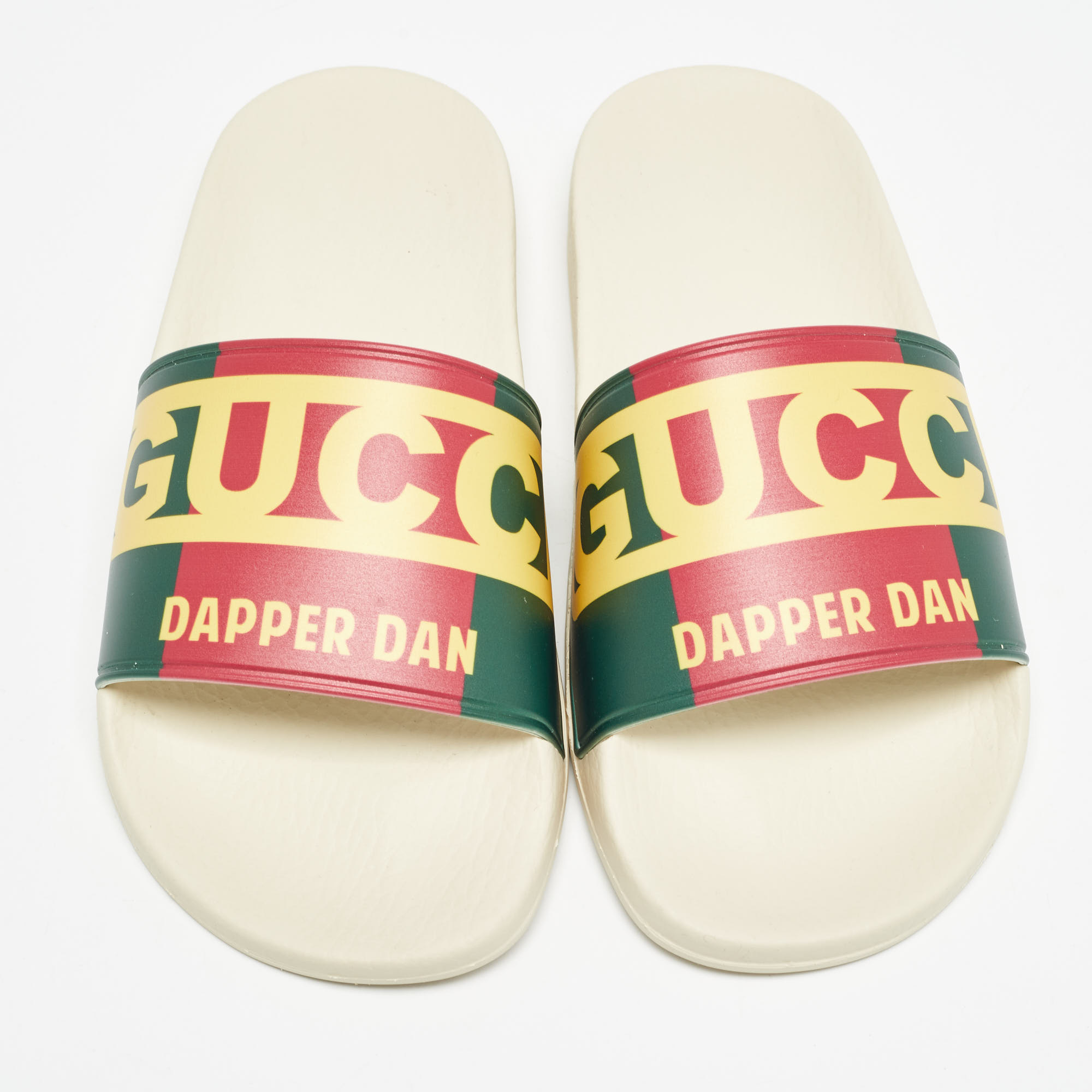 Gucci Multicolor Web Logo Print Rubber Dapper Dan Slides Size 37