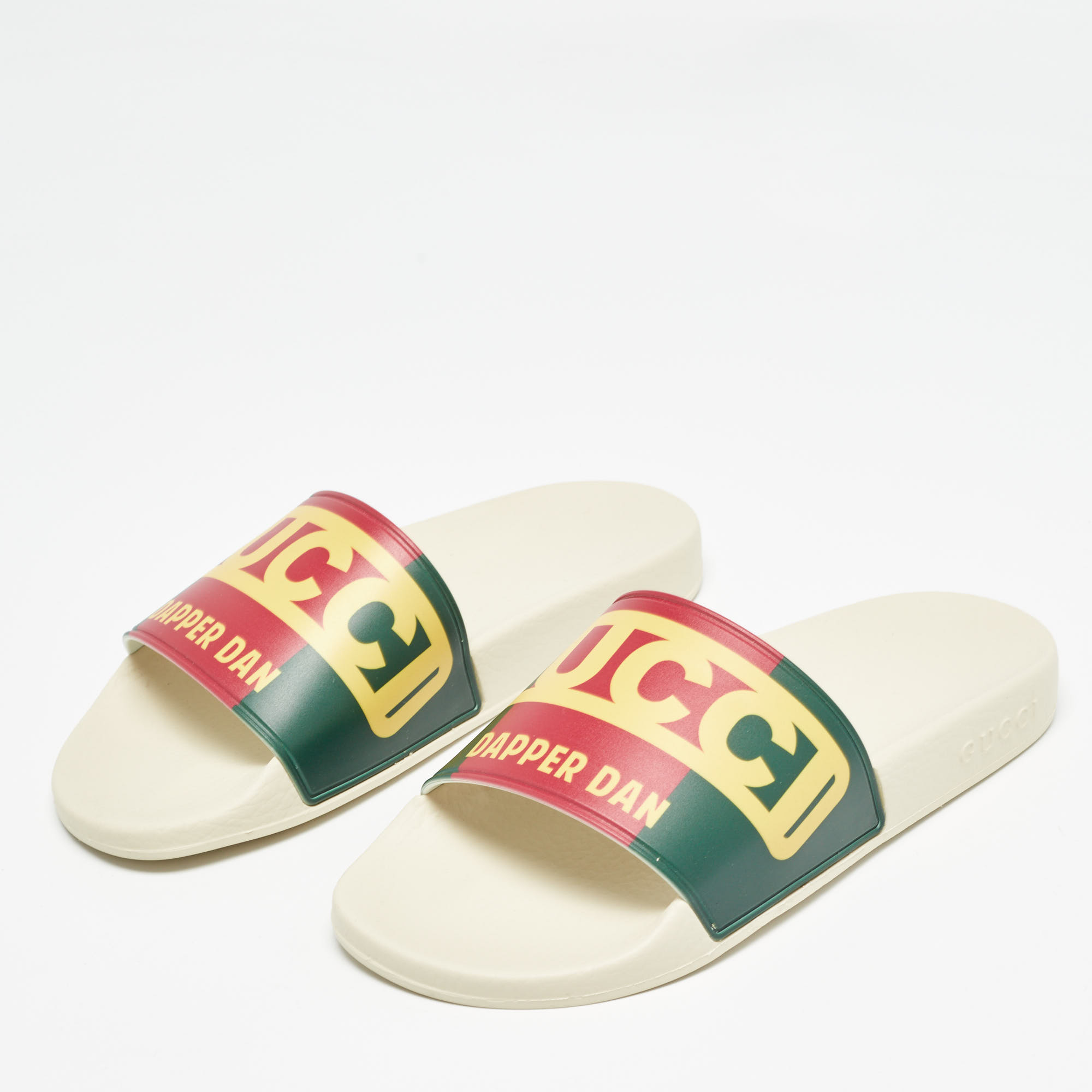 Gucci Multicolor Web Logo Print Rubber Dapper Dan Slides Size 37