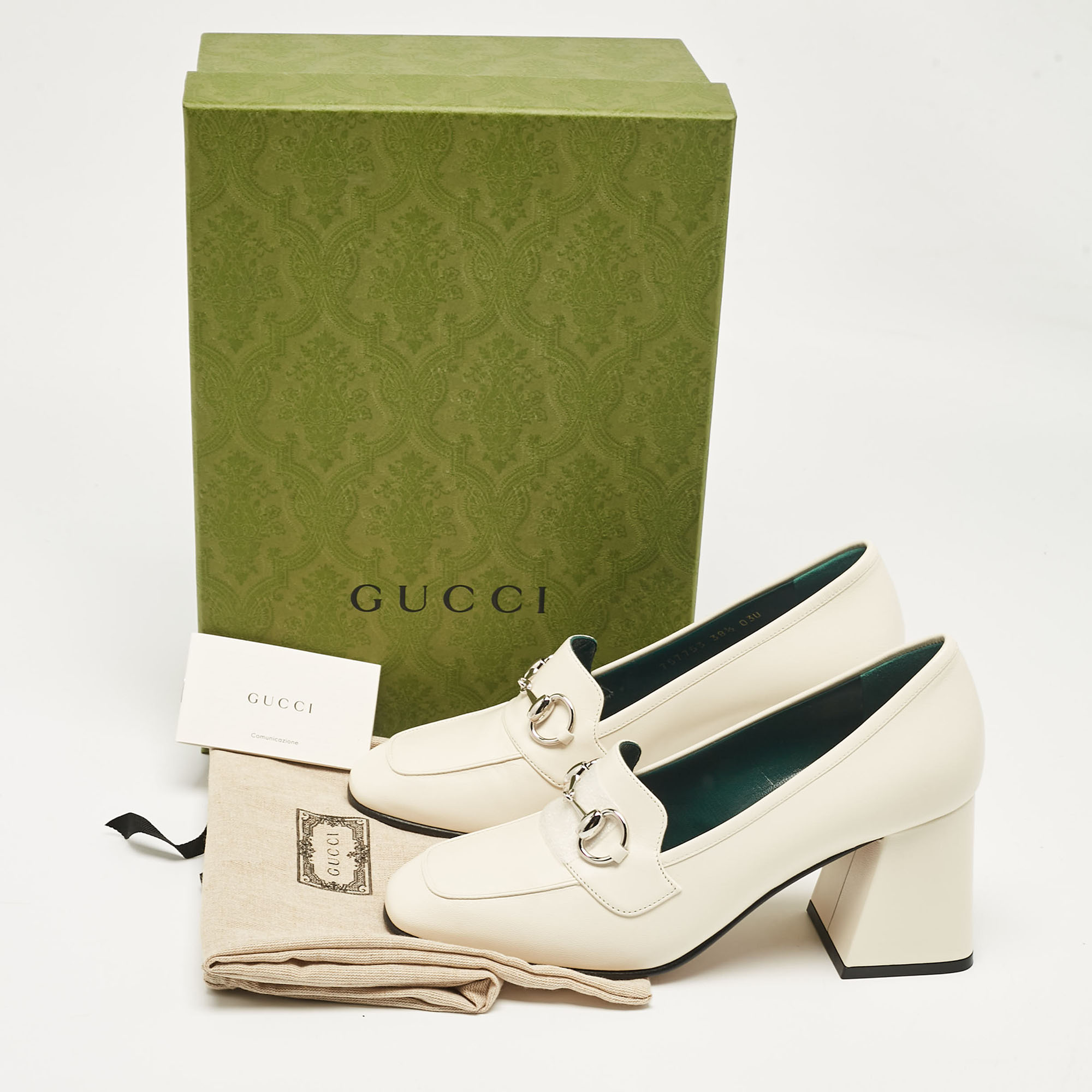 Gucci White Leather Horsebit Block Heel Pumps Size 38.5