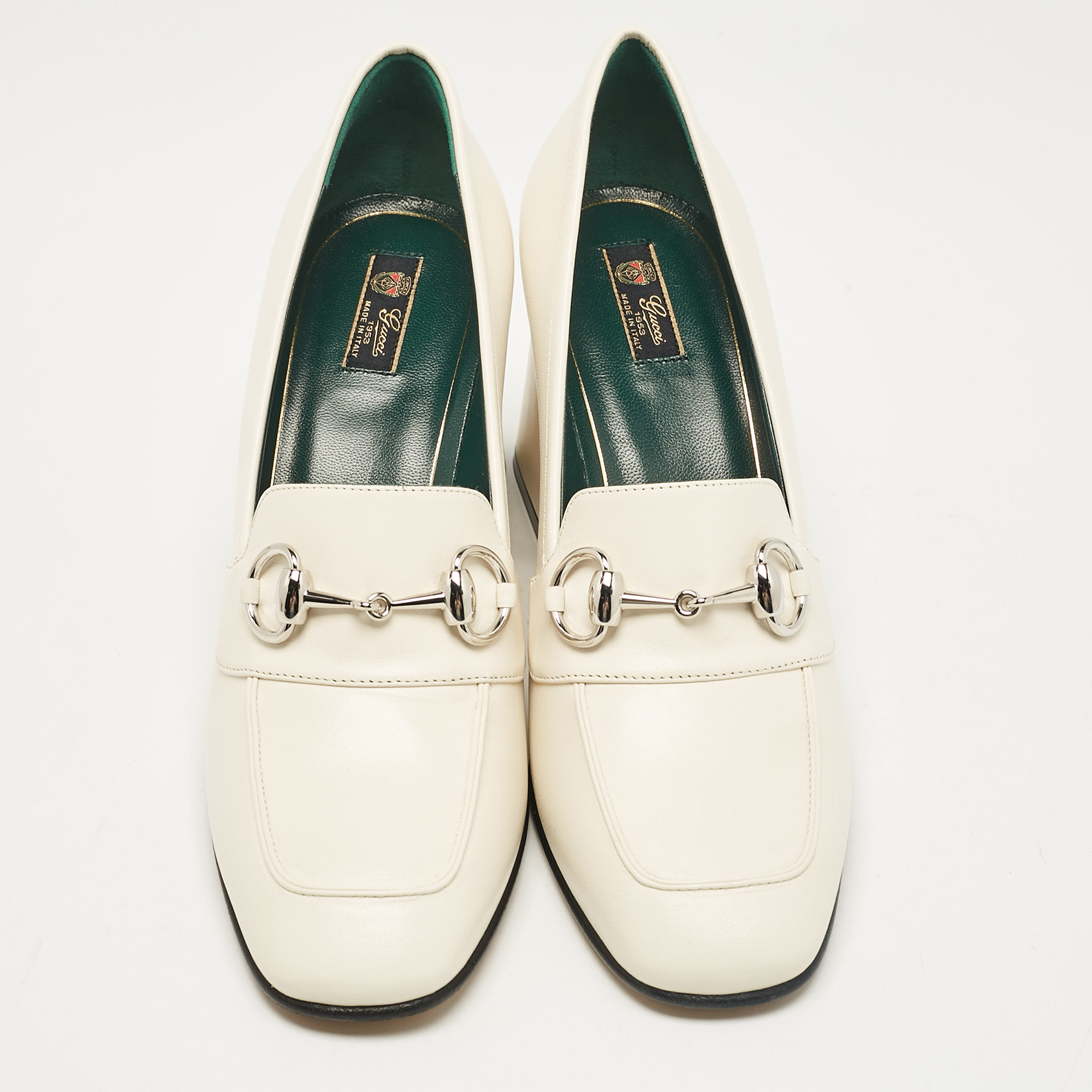 Gucci White Leather Horsebit Block Heel Pumps Size 38.5