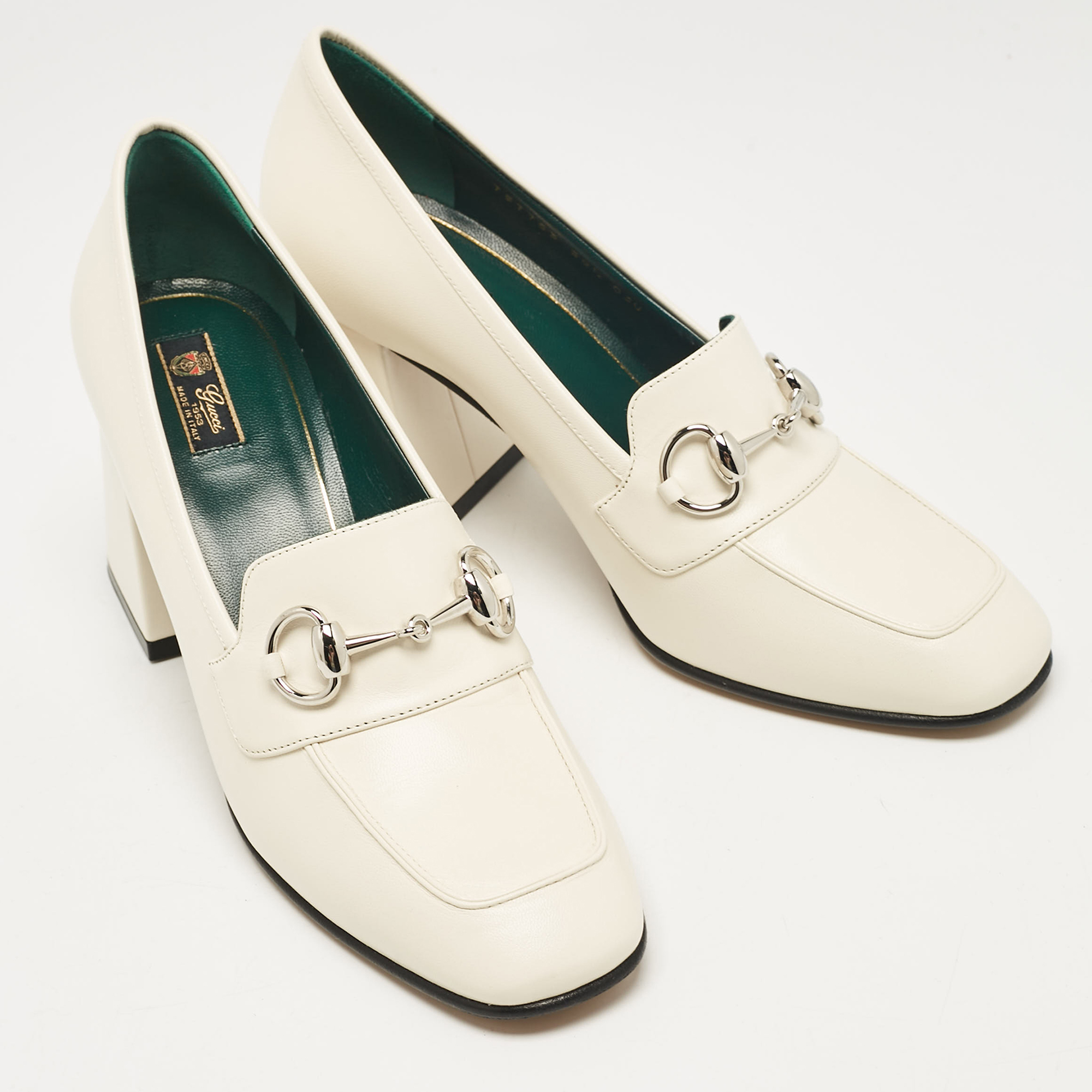 Gucci White Leather Horsebit Block Heel Pumps Size 38.5