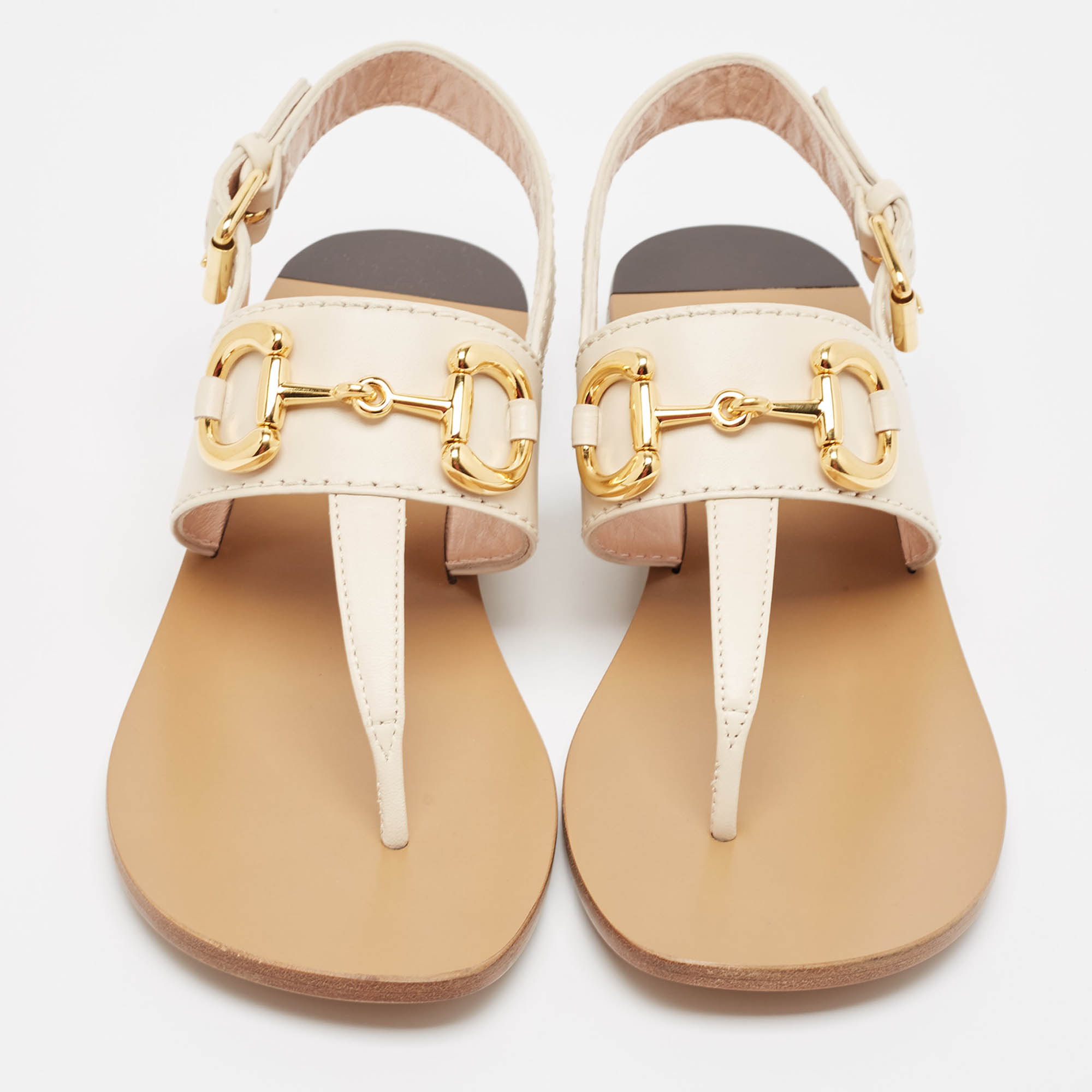 Gucci Cream Leather Horsebit Thong Sandals Size 39