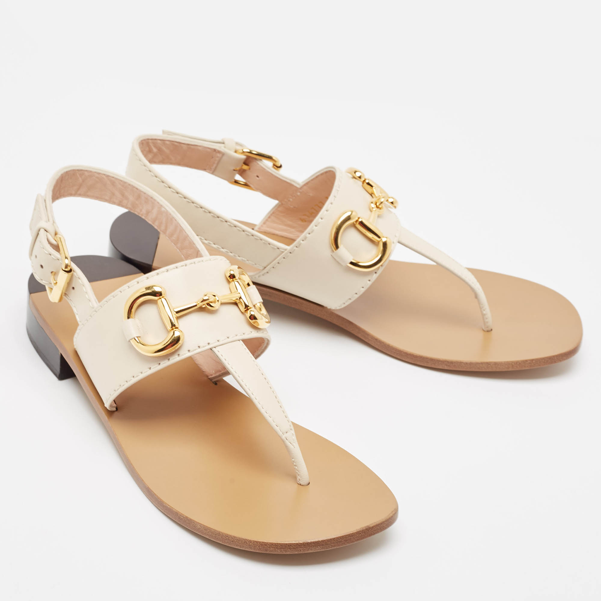 Gucci Cream Leather Horsebit Thong Sandals Size 39