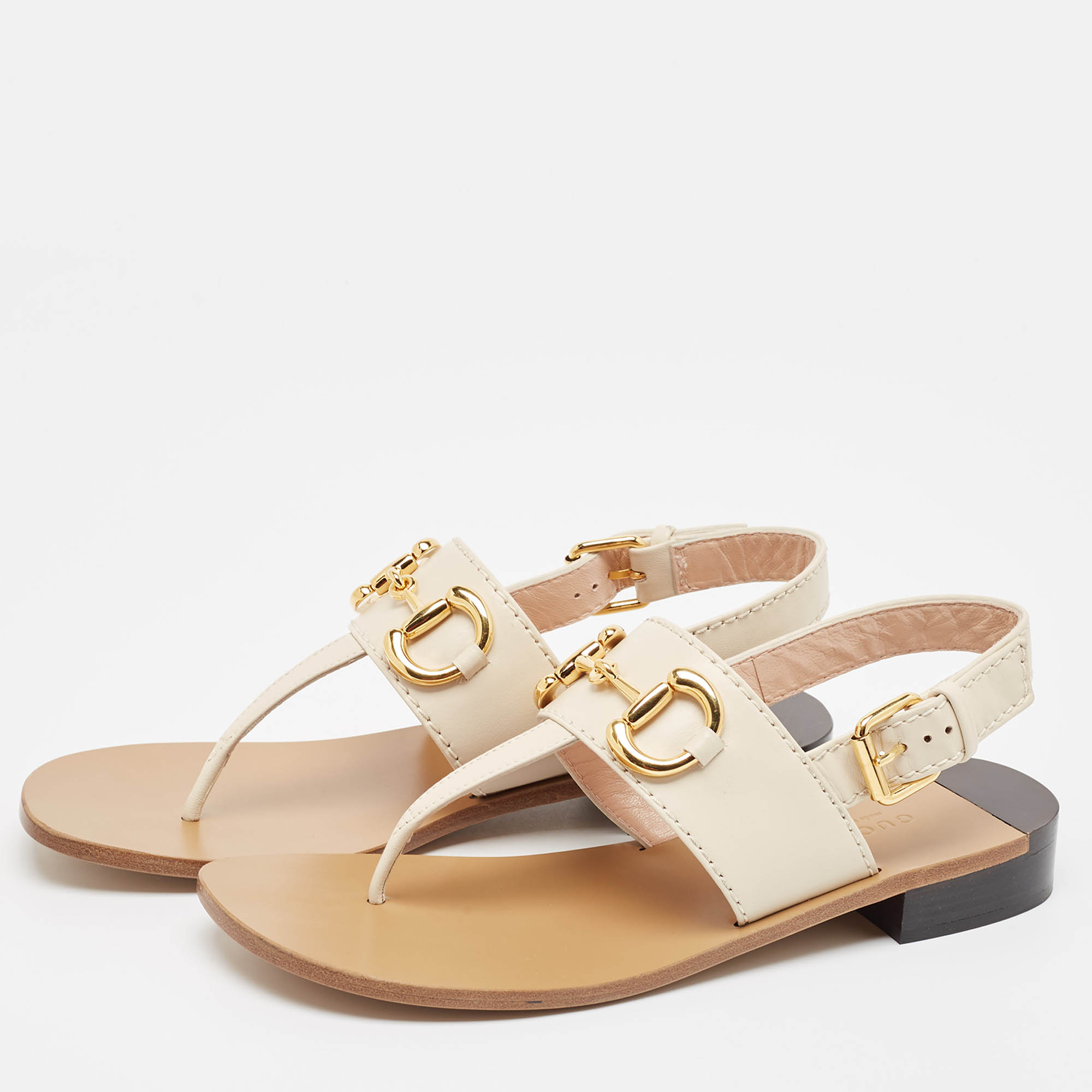 Gucci Cream Leather Horsebit Thong Sandals Size 39