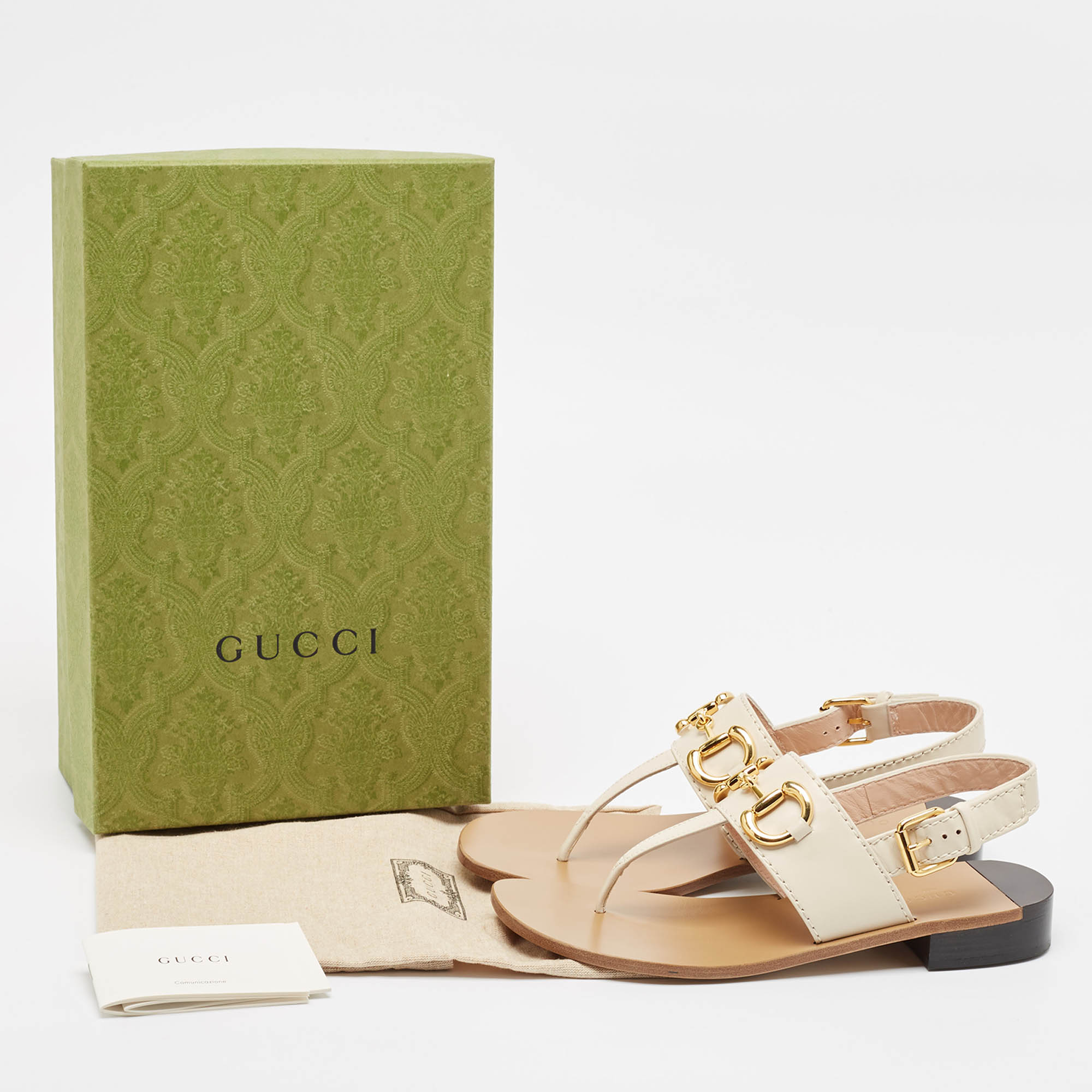 Gucci Cream Leather Horsebit Thong Sandals Size 39