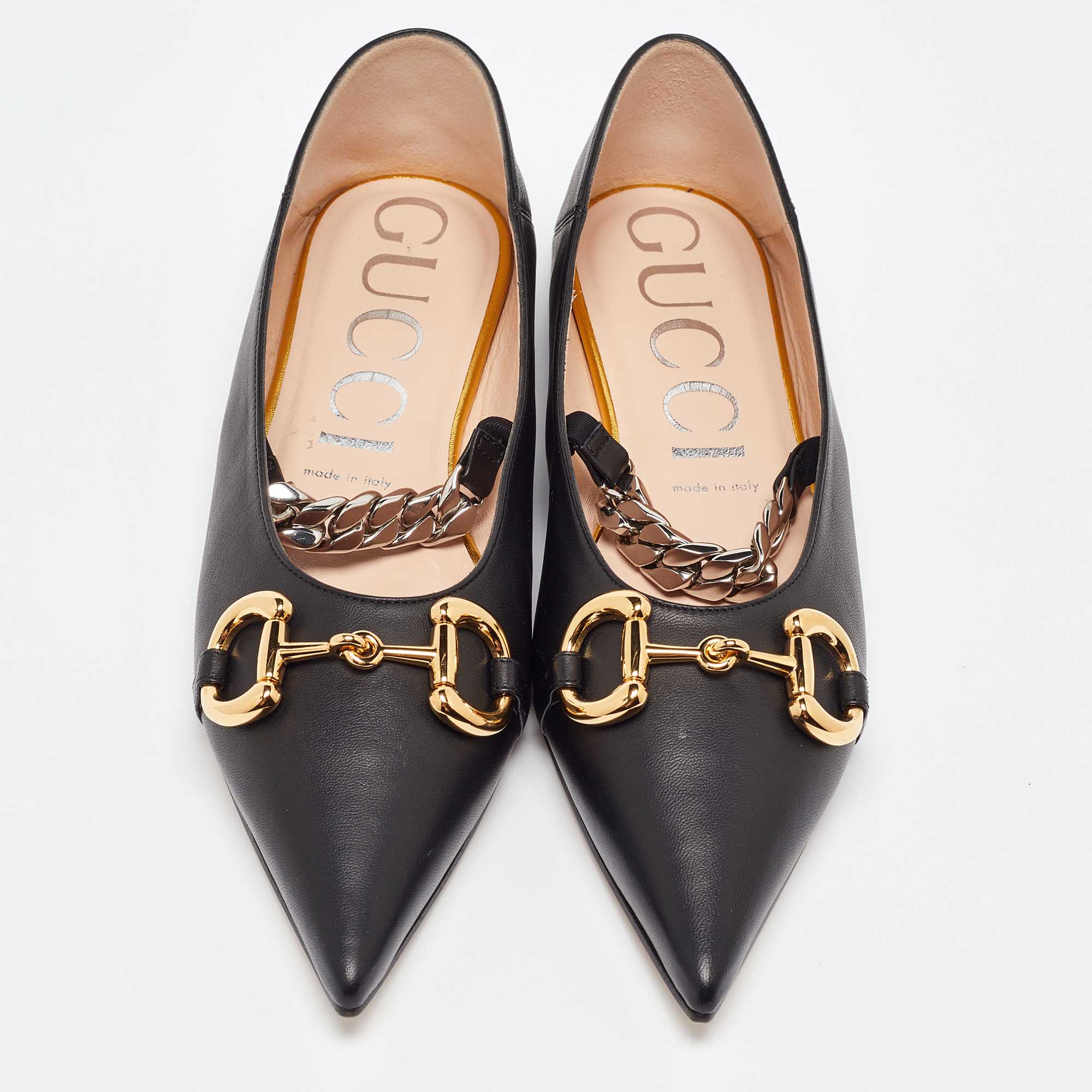 Gucci Black Leather Deva Horesebit Chain Link Ballet Flats Size 40