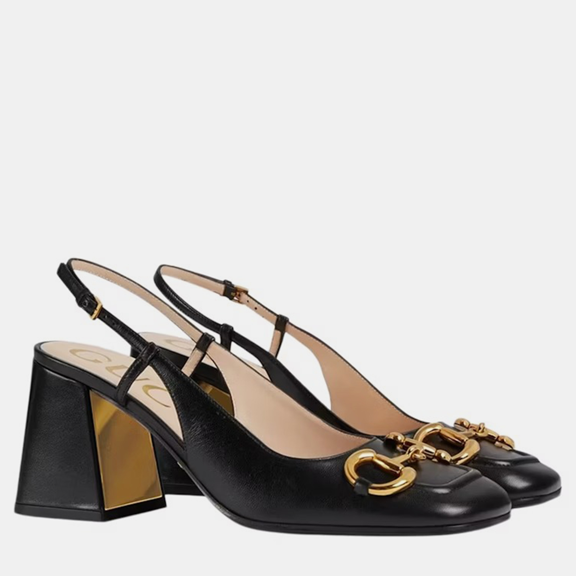 Gucci Black Leather Horsebit Block Slingback Pumps EU 37