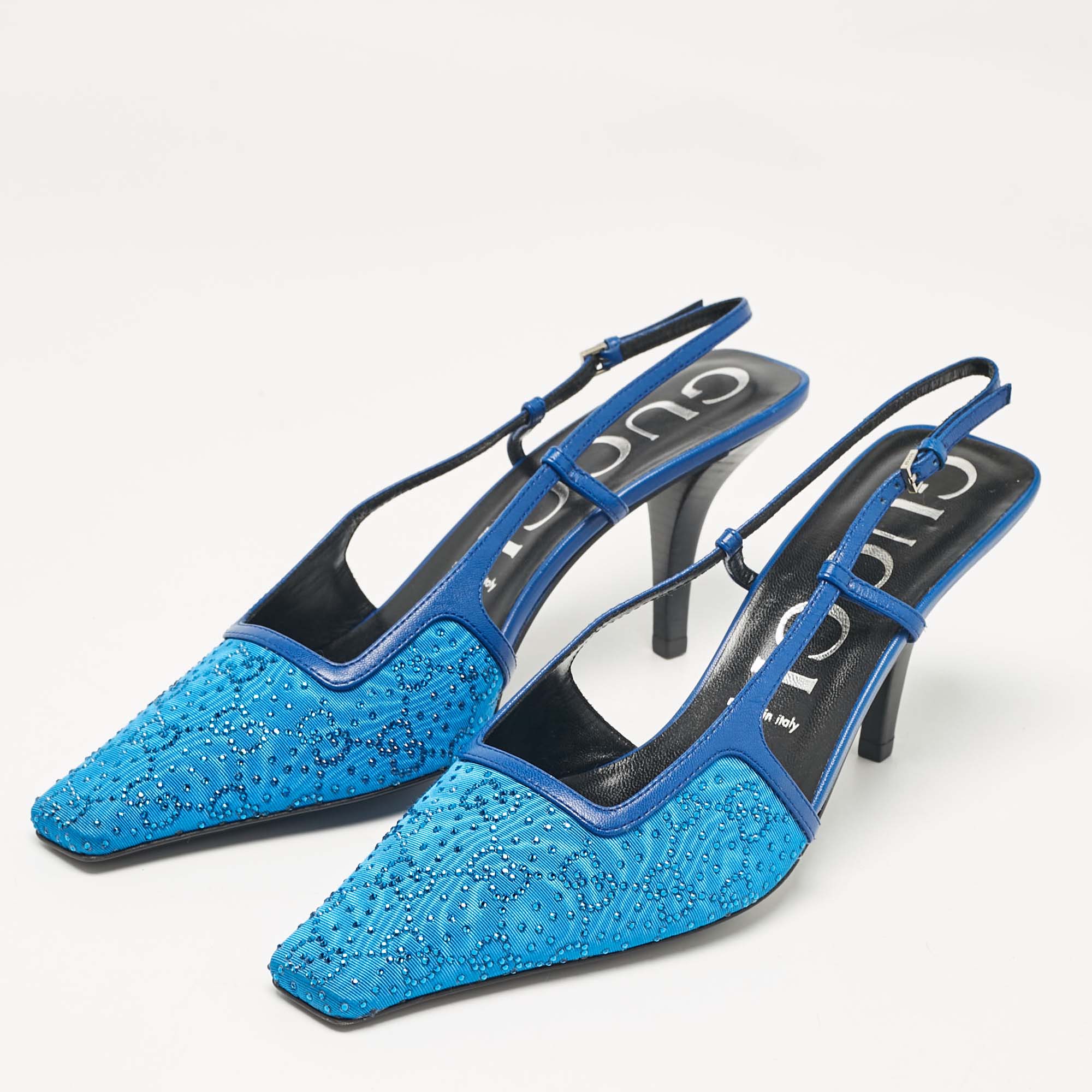 Gucci Blue Mesh And Leather GG Crystal Slingback Pumps Size 40