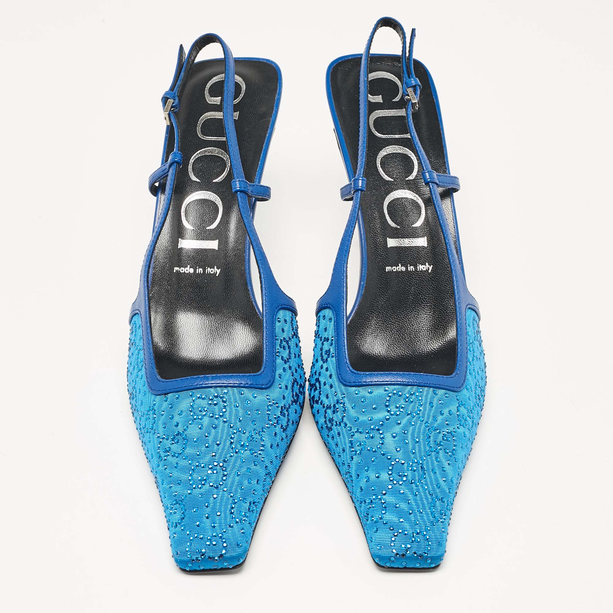 Gucci Blue Mesh And Leather GG Crystal Slingback Pumps Size 40