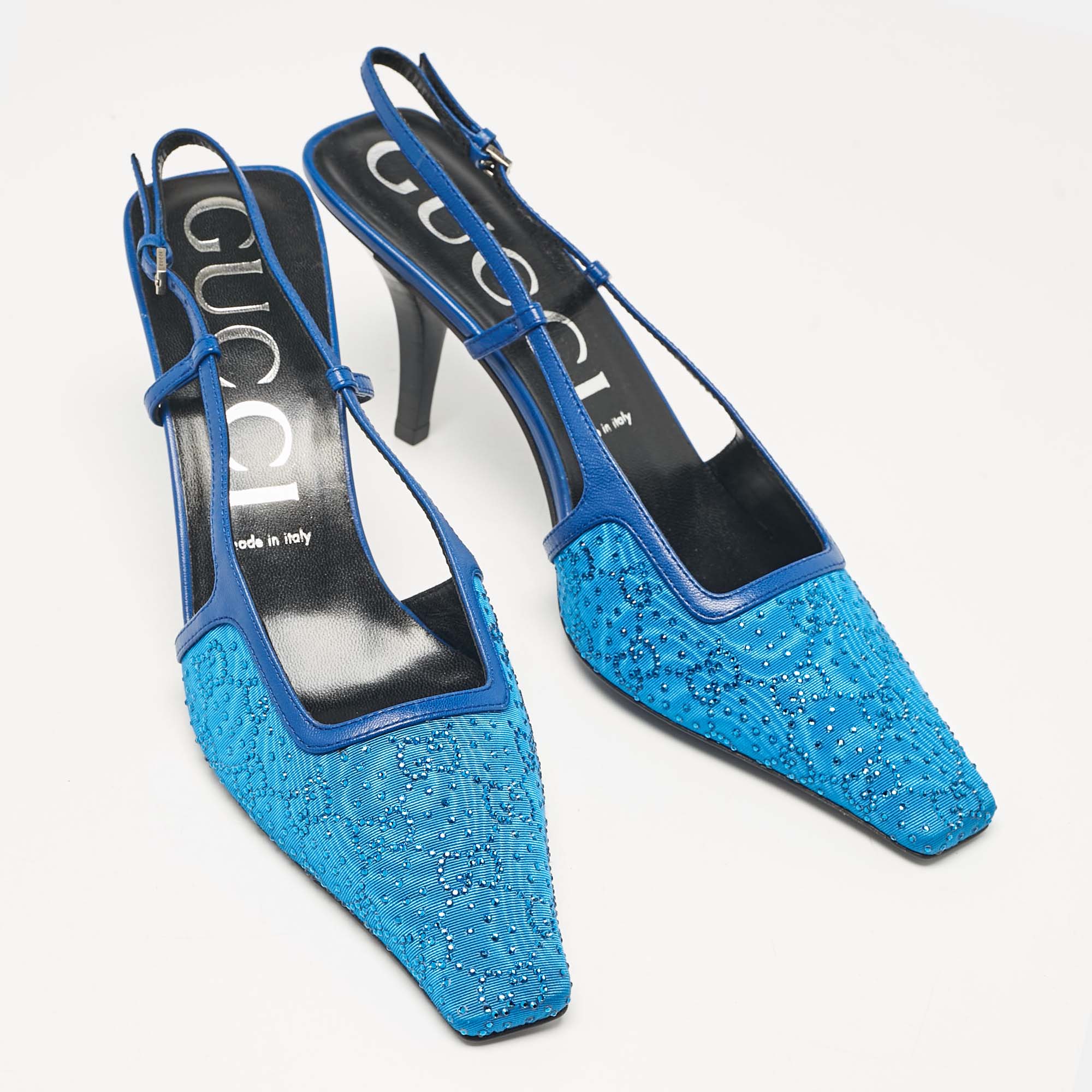 Gucci Blue Mesh And Leather GG Crystal Slingback Pumps Size 40