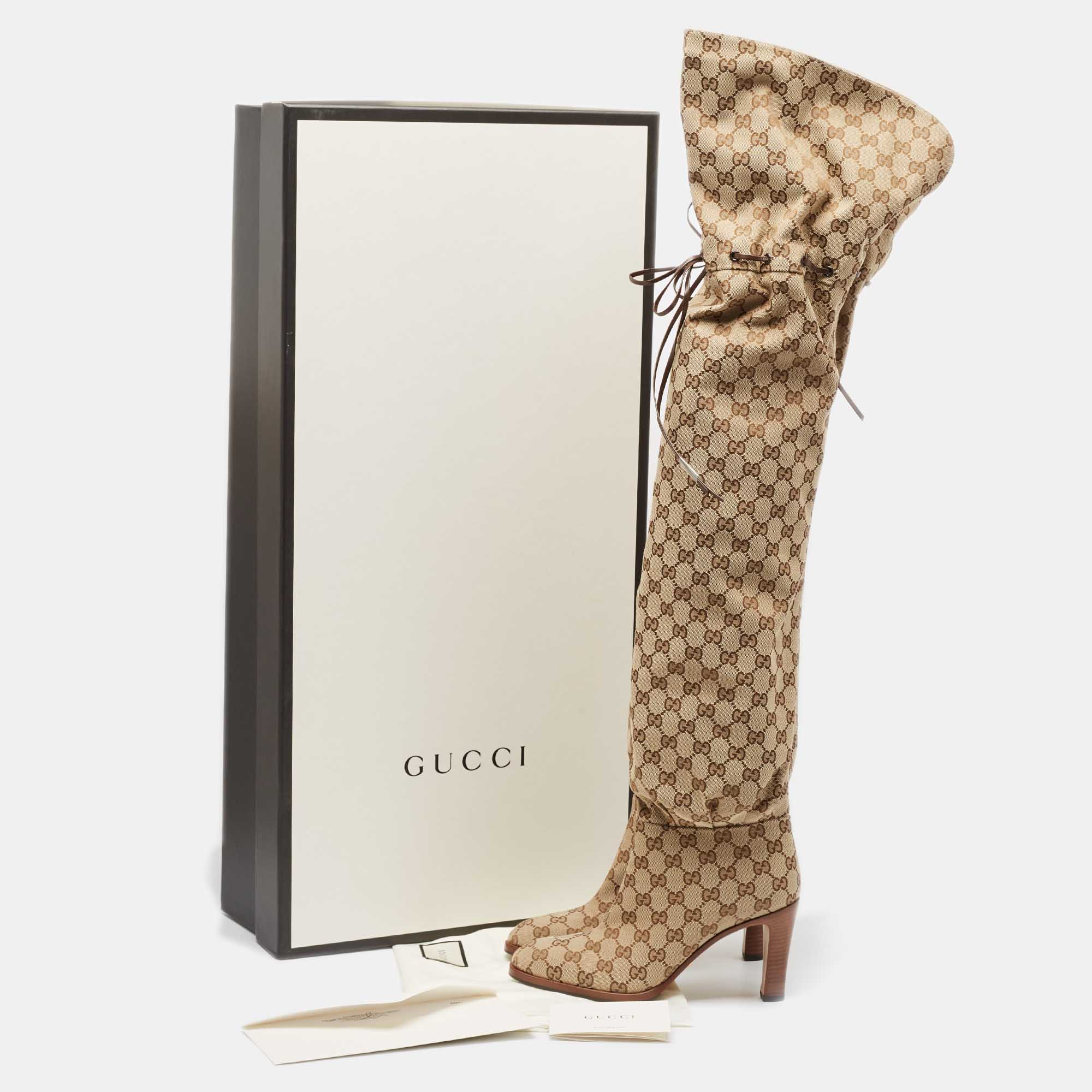 Gucci Beige/Brown GG Canvas Lisa Thigh High Boots Size 39.5