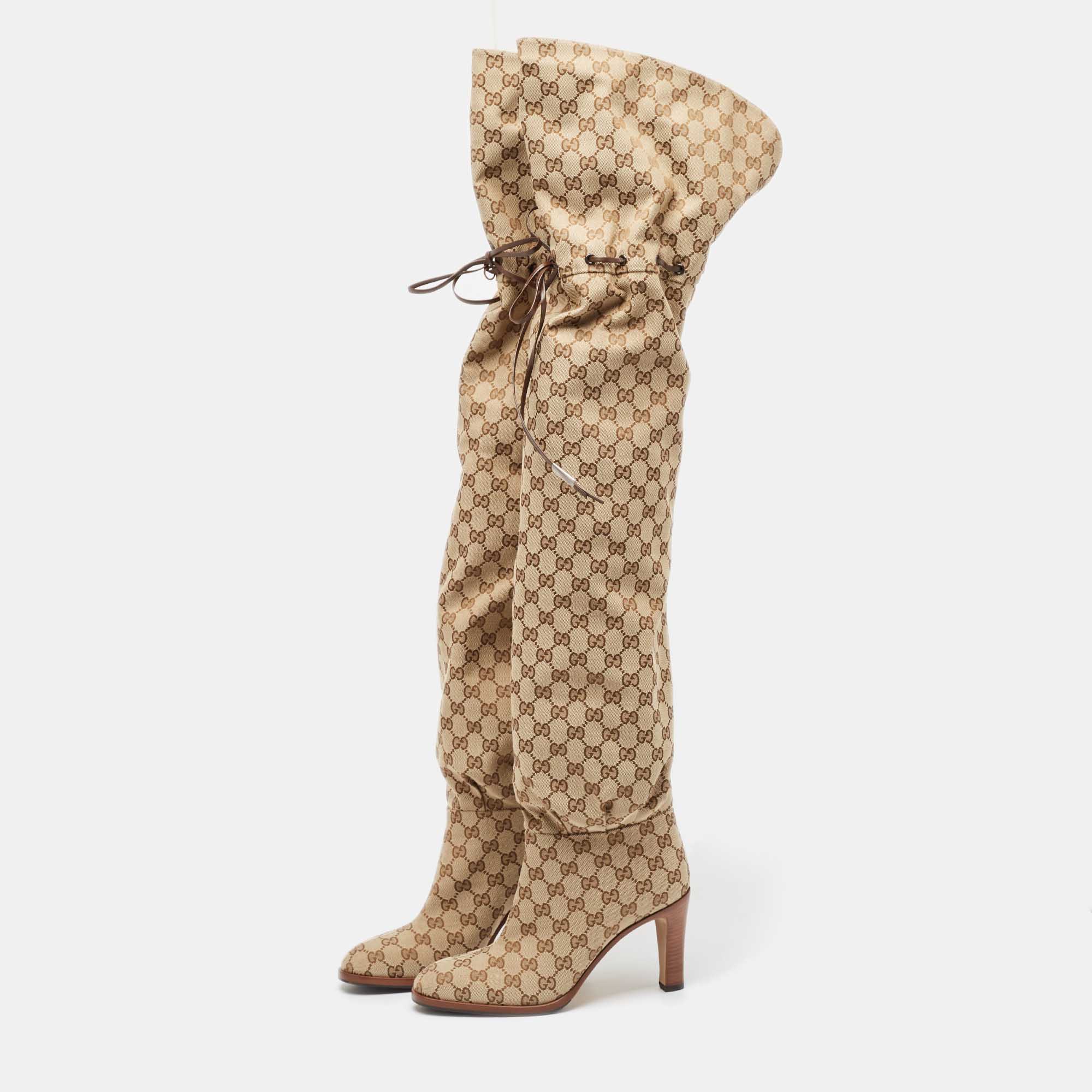 Gucci Beige/Brown GG Canvas Lisa Thigh High Boots Size 39.5