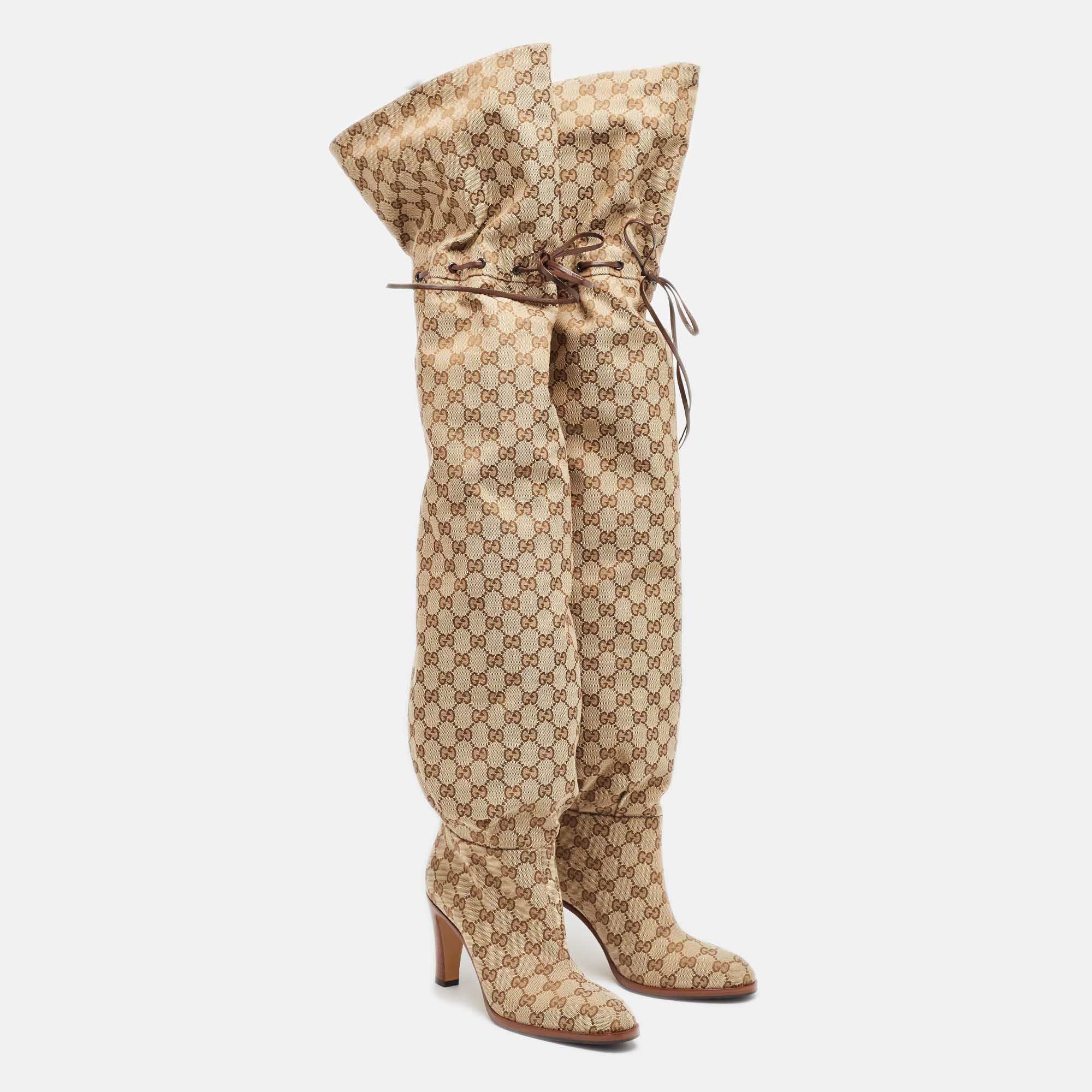 Gucci Beige/Brown GG Canvas Lisa Thigh High Boots Size 39.5