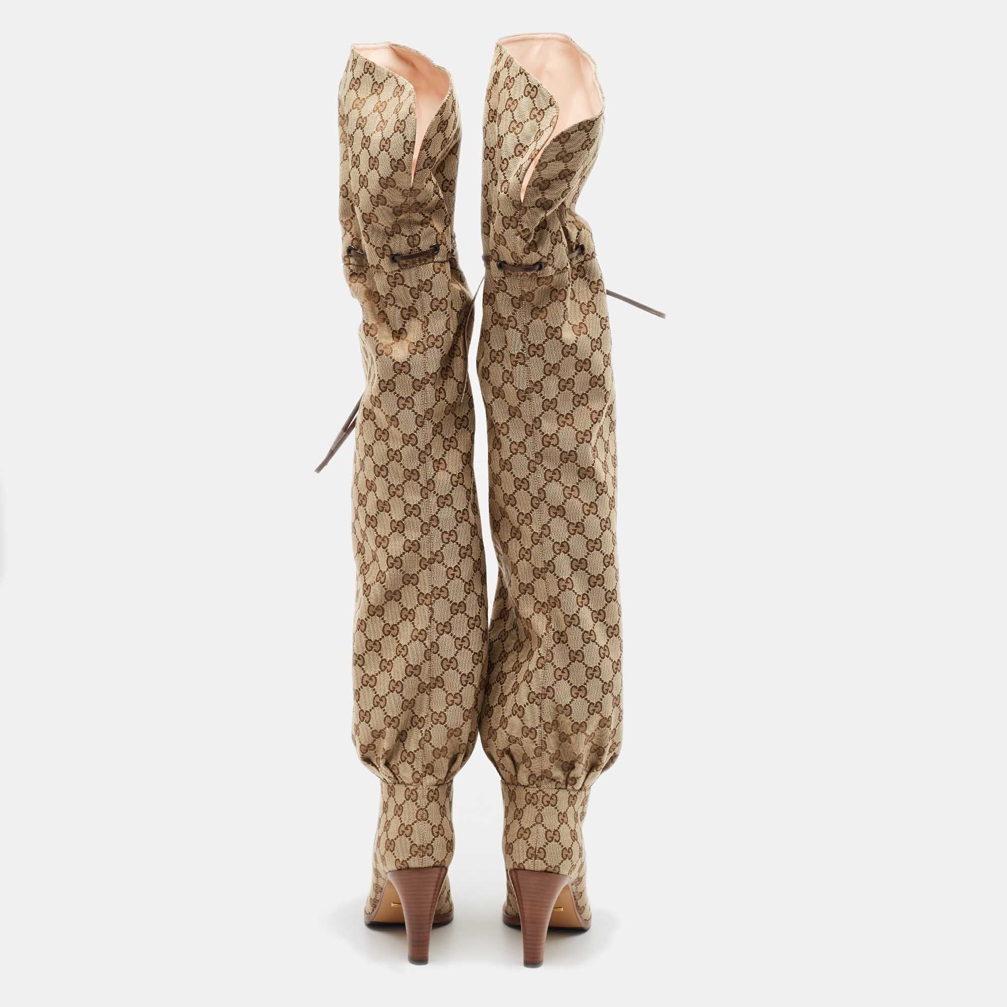 Gucci Beige/Brown GG Canvas Lisa Thigh High Boots Size 39.5