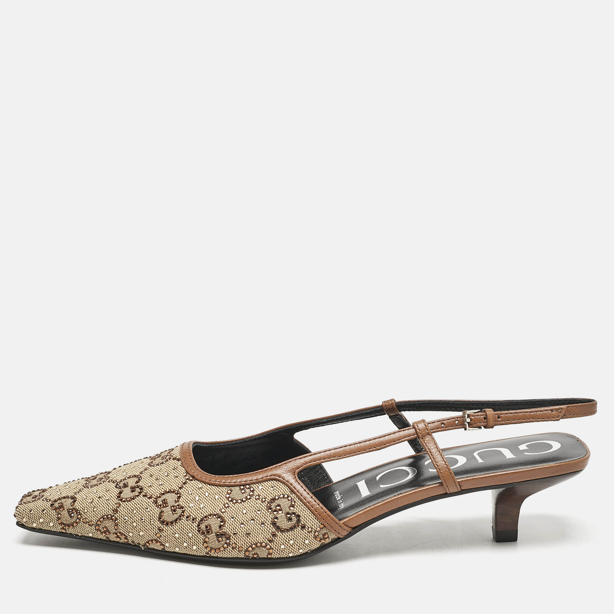 Gucci Beige/Brown GG Canvas and Leather Crystal Embellished Slingback Pumps Size
Gucci Beige/Brown GG Canvas and Leather Crystal Embellished Slingback Pumps Size