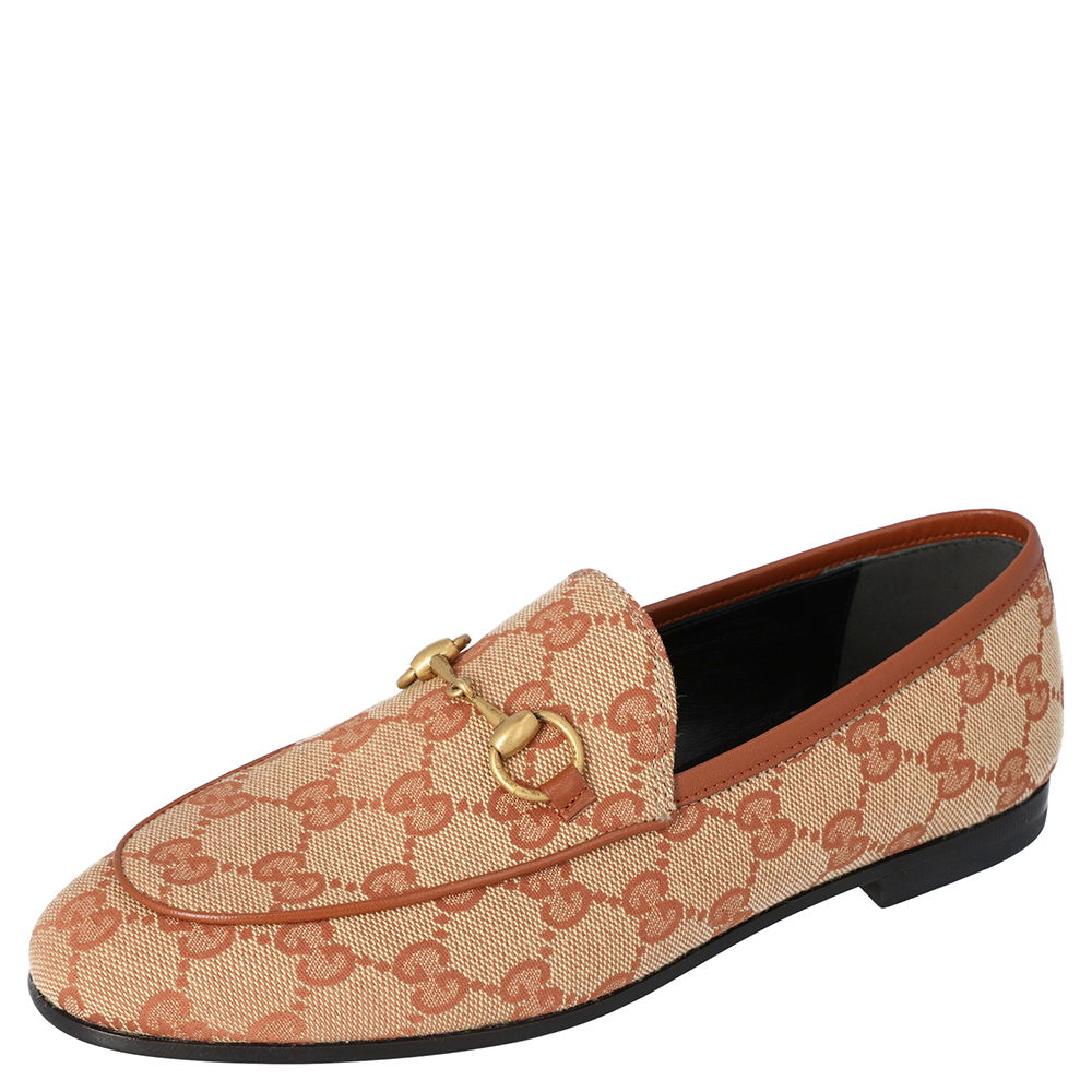 Image of Gucci Beige/Brown GG Canvas Jordaan Loafers Size