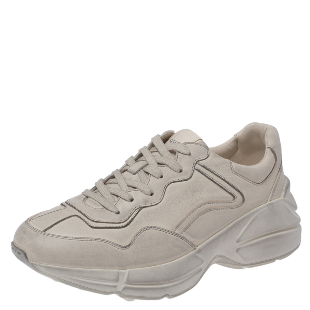 Image of Gucci Beige Distressed Effect Leather Rhyton Sneakers Size .