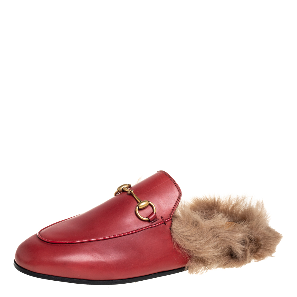 Gucci Red Leather And Fur Princetown Horsebit Mules Size 38