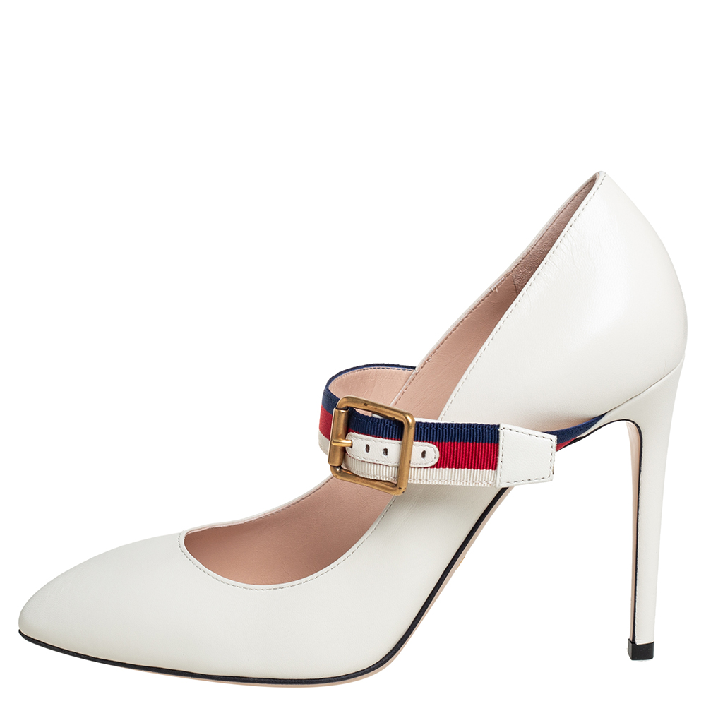 

Gucci White Leather Sylvie Mary Jane Pumps Size