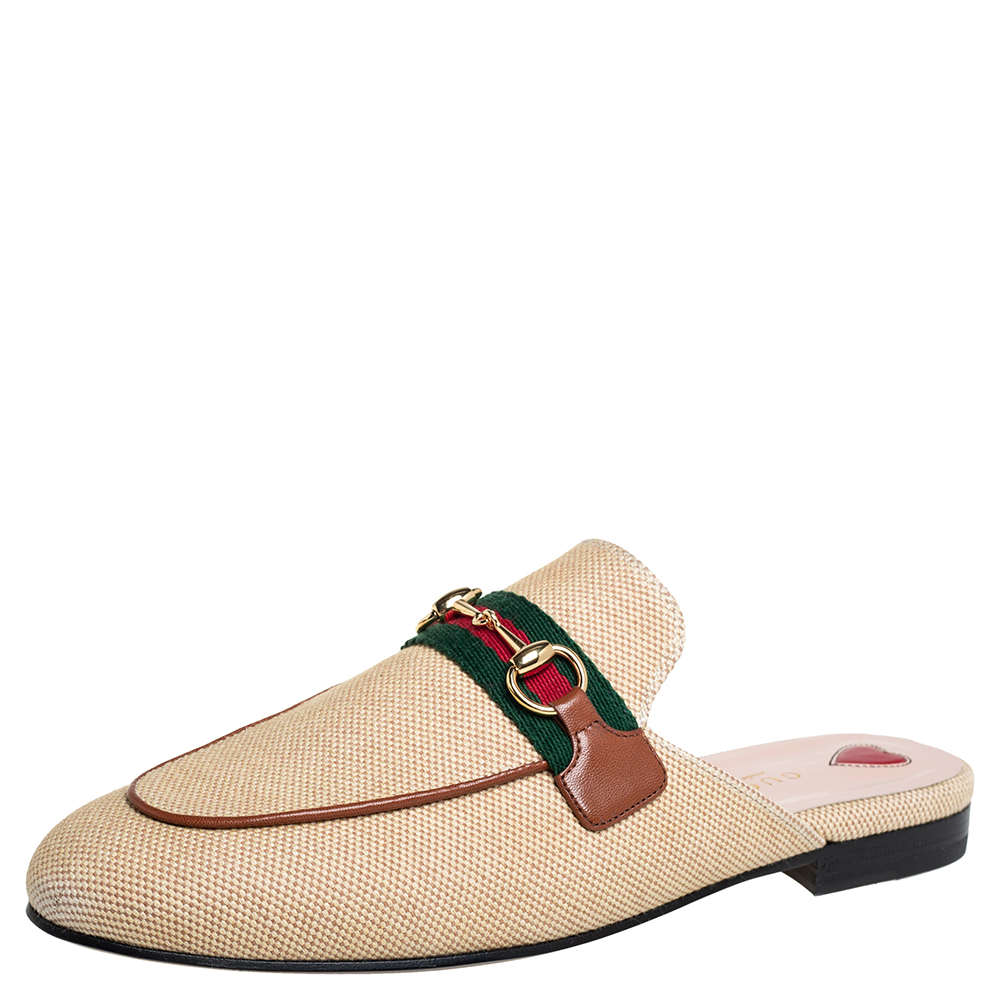 Gucci Beige Canvas Web Princetown Sandals Size 37.5