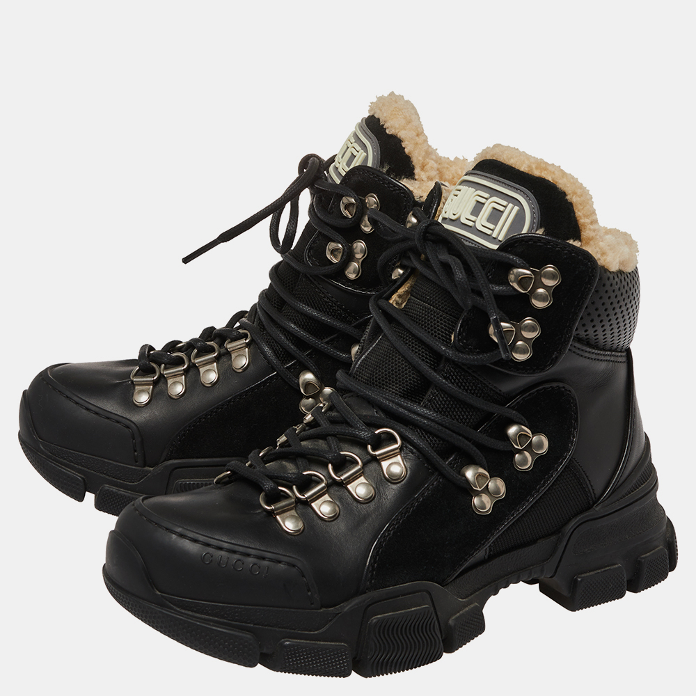Gucci Black Leather Flashtrek Ankle Boots Size 35