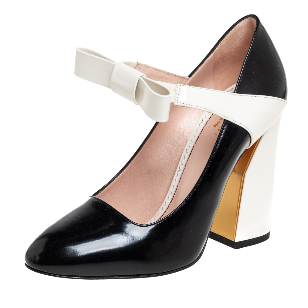 Gucci White/Black Patent Leather Bow Mary Jane Pumps Size 38