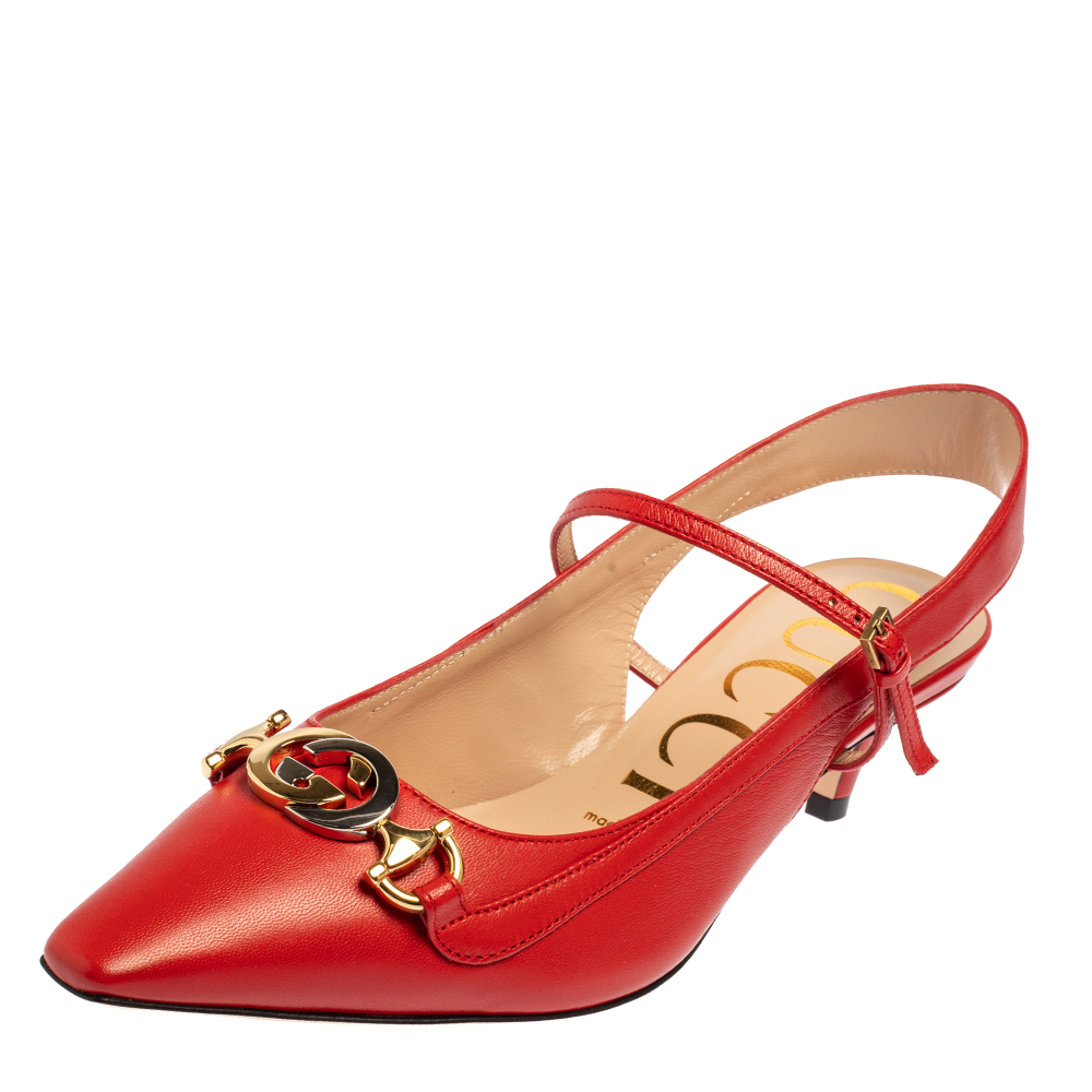 Gucci Red Leather Decollete Mary Jane Slingback Sandals Size 36.5