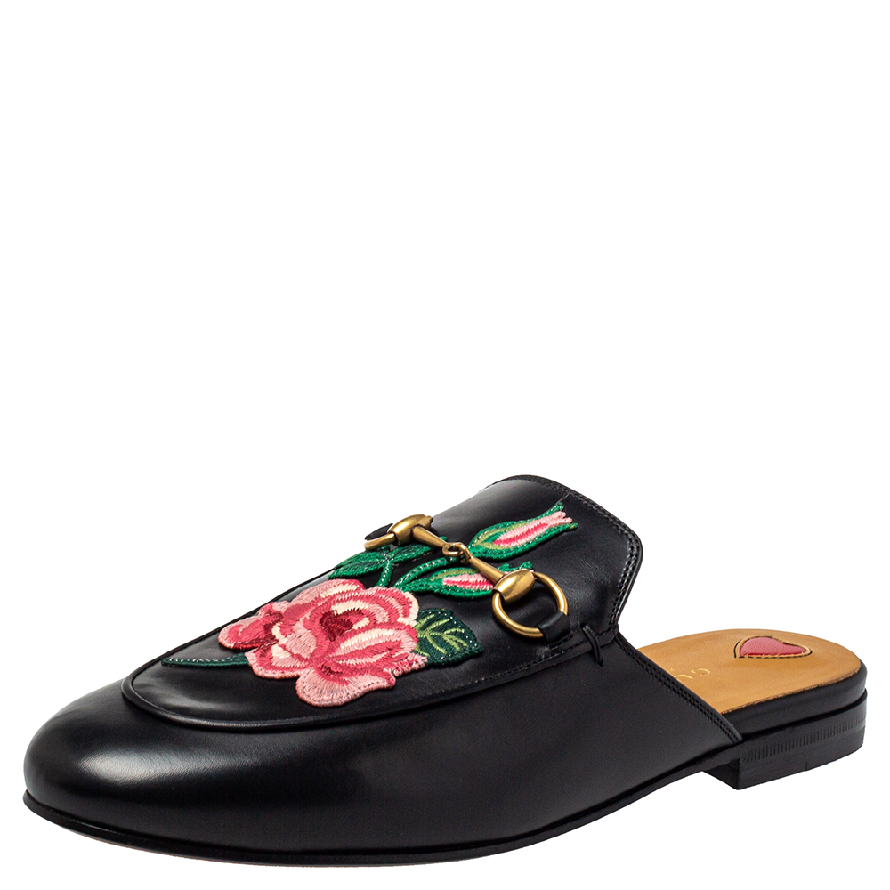 Gucci Black Floral Embroidered Leather Horsebit Princetown Flat Mule Size 38