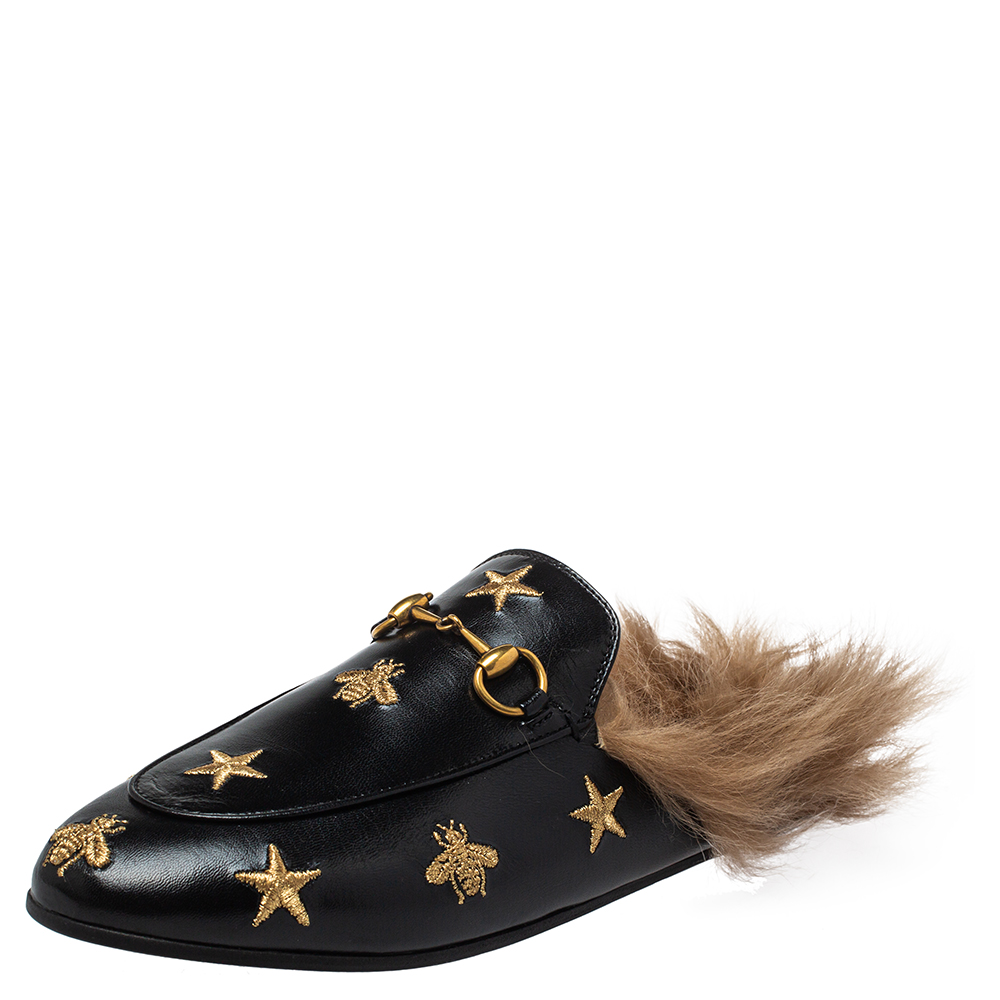 Gucci Black Leather, Fur Princetown Sandals Size 37.5