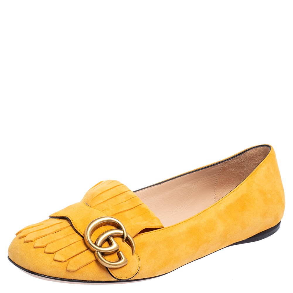 Gucci Yellow Suede GG Marmont Fringe Detail Ballet Flats Size 37