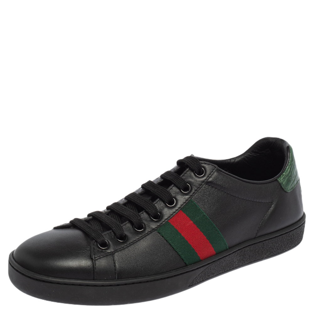 Gucci Black Leather And Croc Embossed Leather Trim Ace Web Detail Sneakers Size 39
