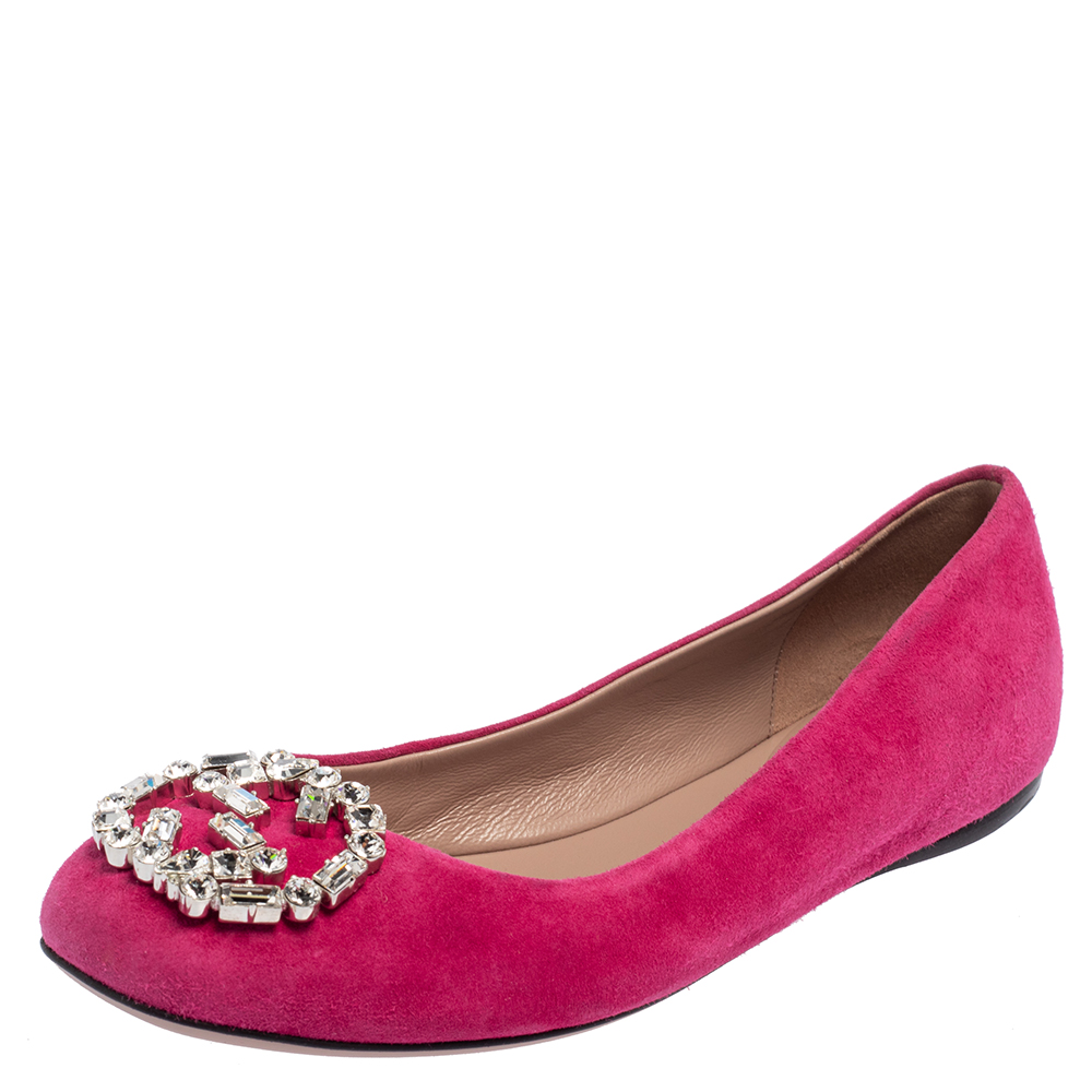 Gucci Pink Suede Crystal GG Ballet Flats Size 36.5